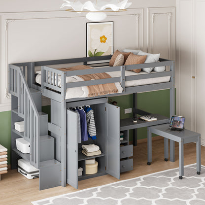 Loft Bed With Stairs, Bookshelf, Drawers, Desk &amp; Wardrobe, Space Saving Multifunctional Furniture