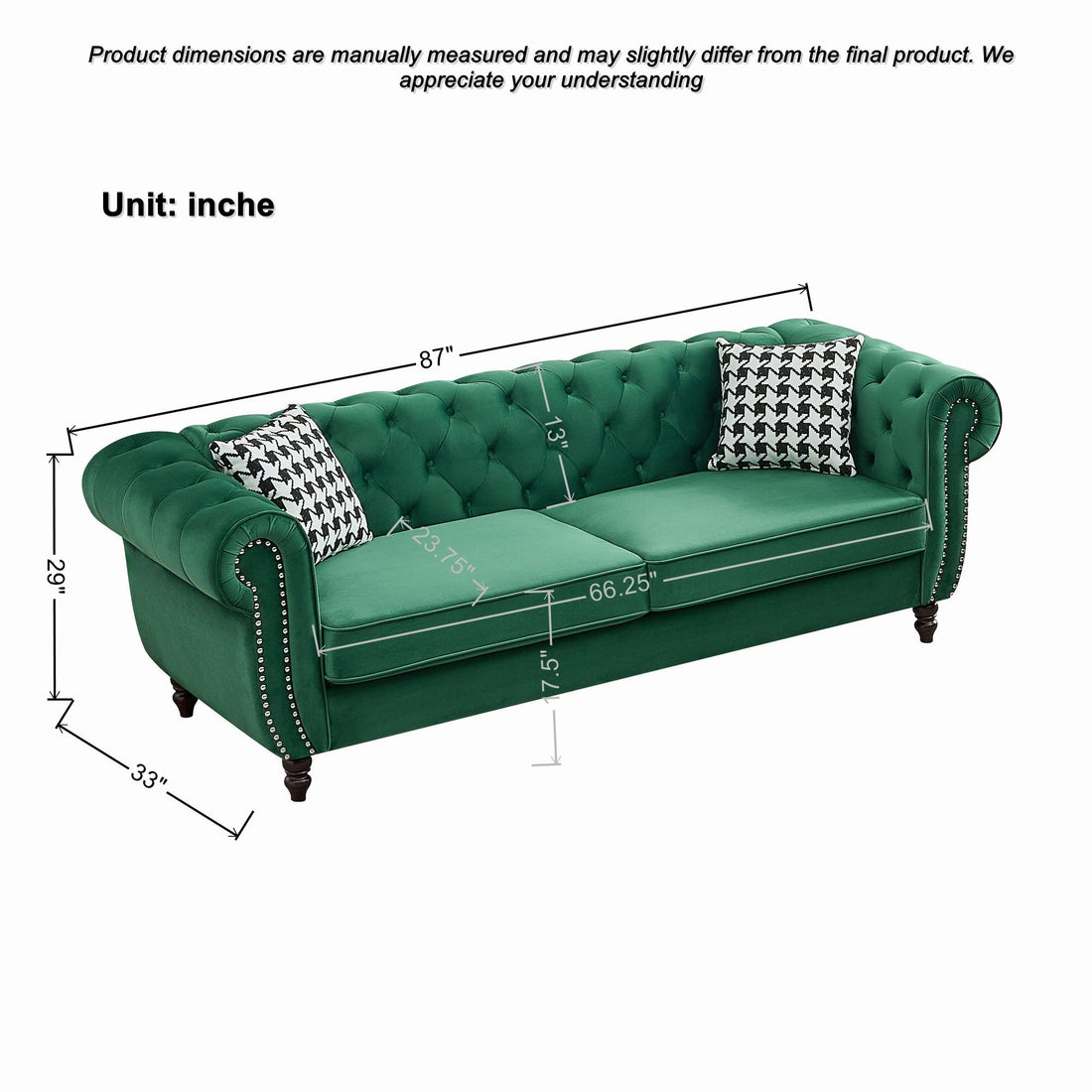 Mid Century Chesterfield Velvet Fabric Sofa With Roll Armrest &amp; Nailhead, Green, 87 Inches