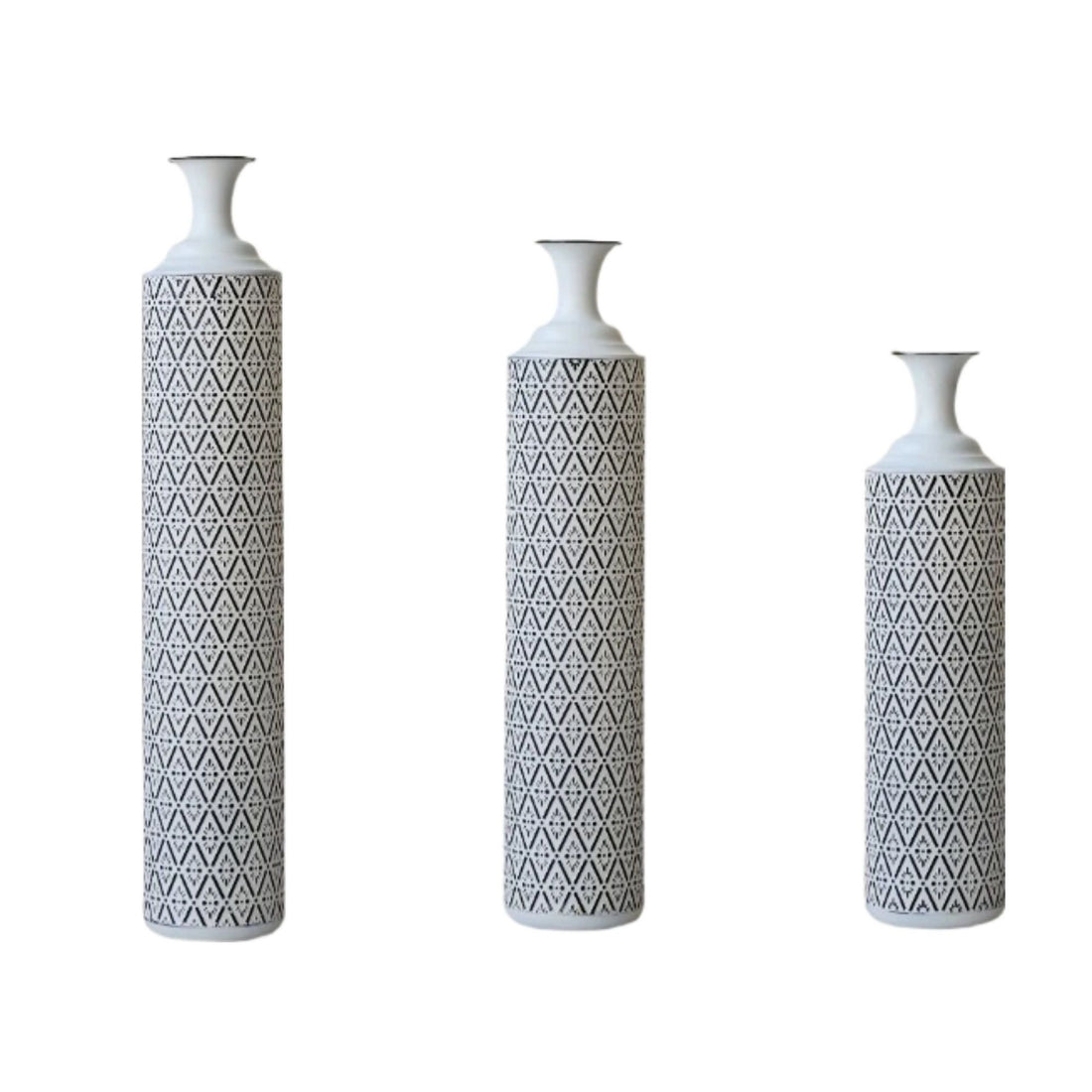 Modern Floor Vase Set Metal Vases With Geometric Pattern, 3 Piece Home Decor Set - White / Black
