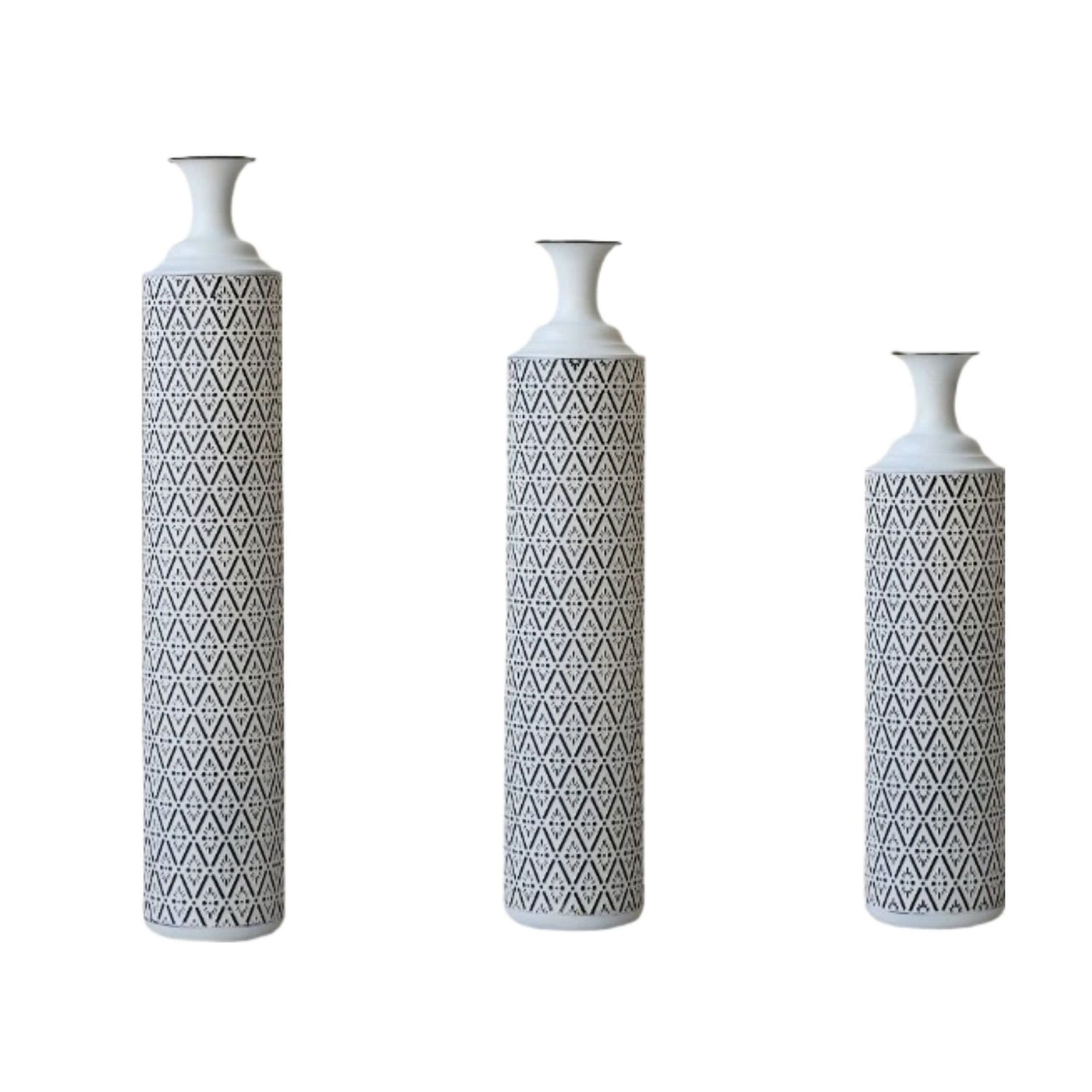 Modern Floor Vase Set Metal Vases With Geometric Pattern, 3 Piece Home Decor Set - White / Black