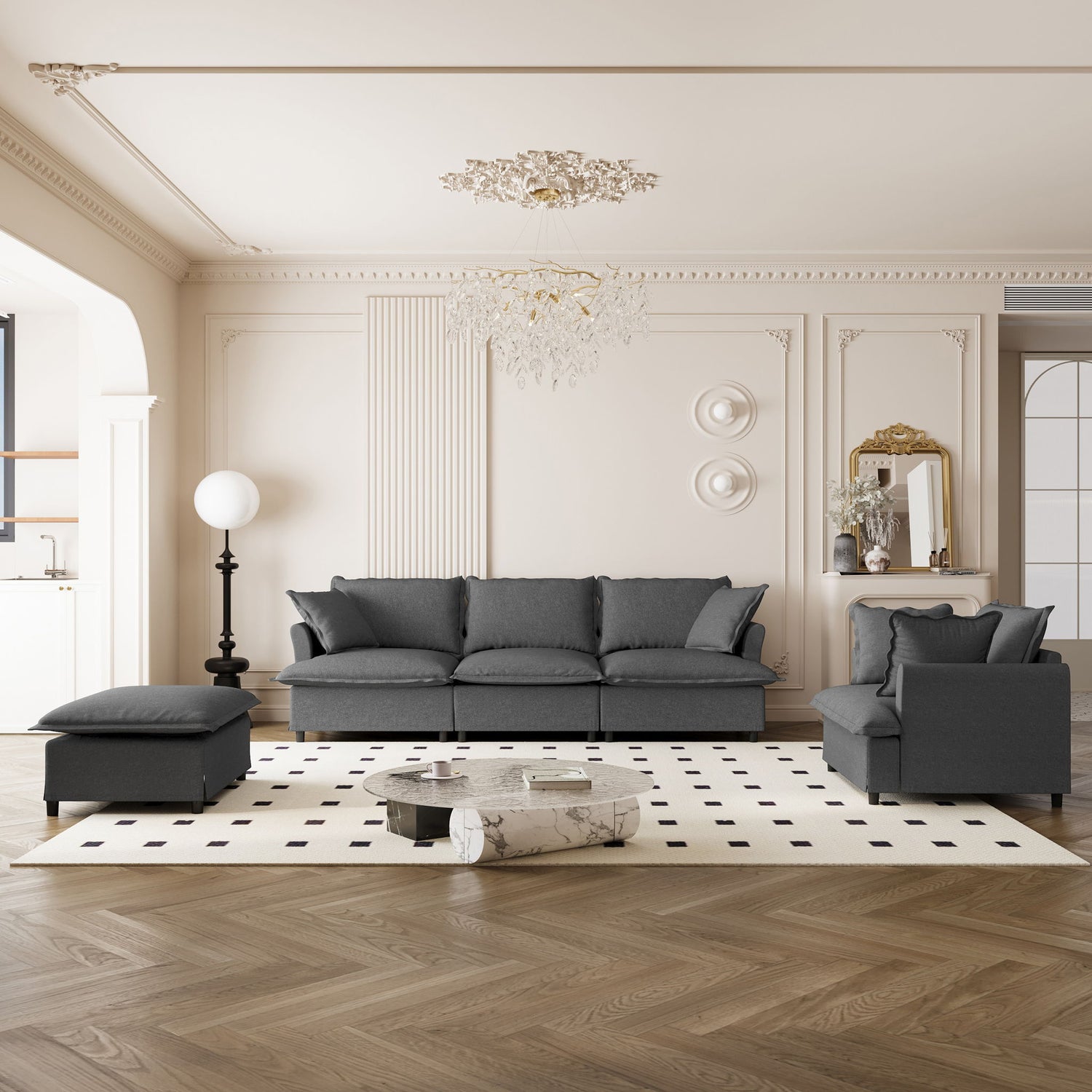 Living Room Set Modular Sectional Couch, Upholstered Sofa &amp; Armchair &amp; Movable Ottoman