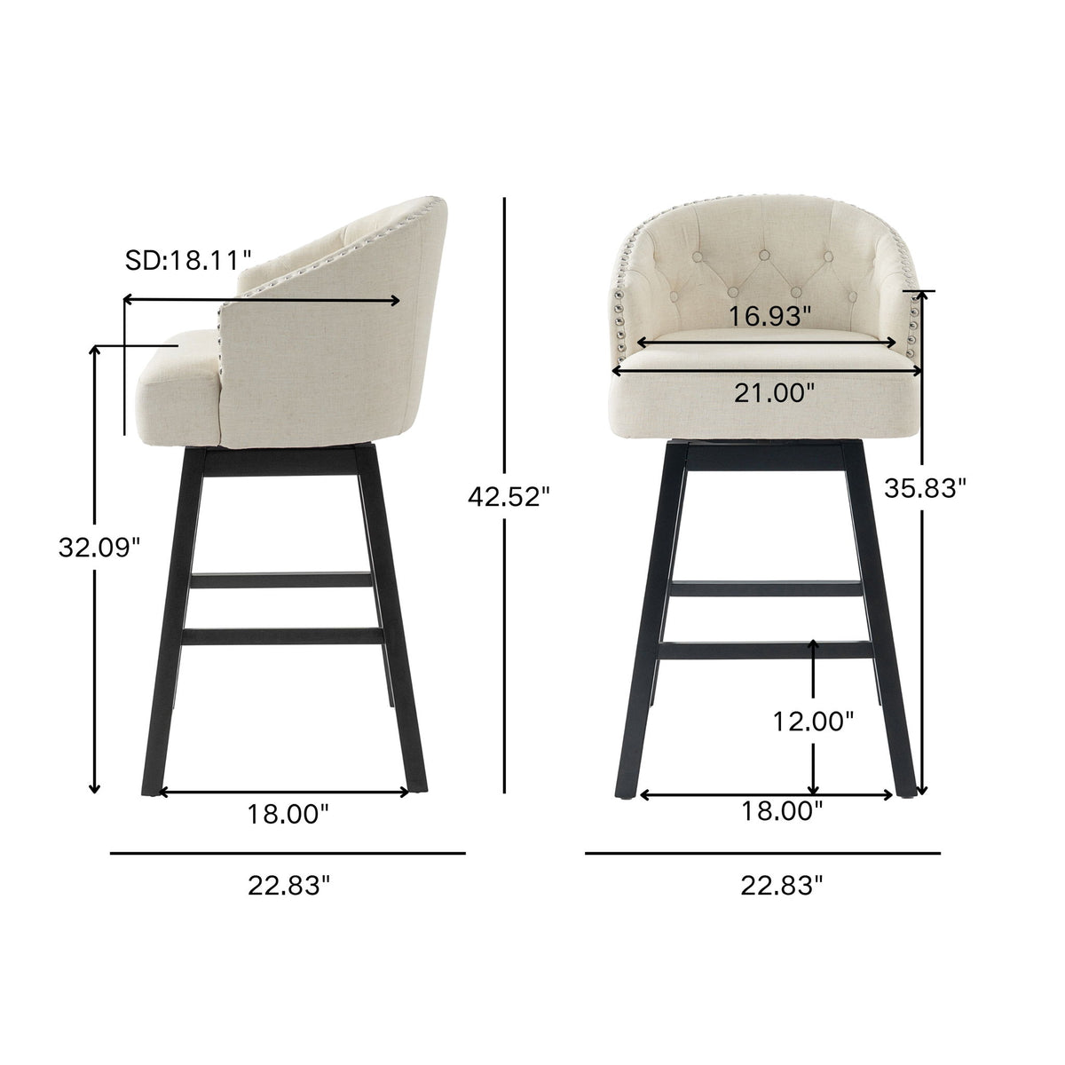 360 Degree Swivel Bar Stool &amp; Stunning Nailhead Trim (Set of 2) - Beige