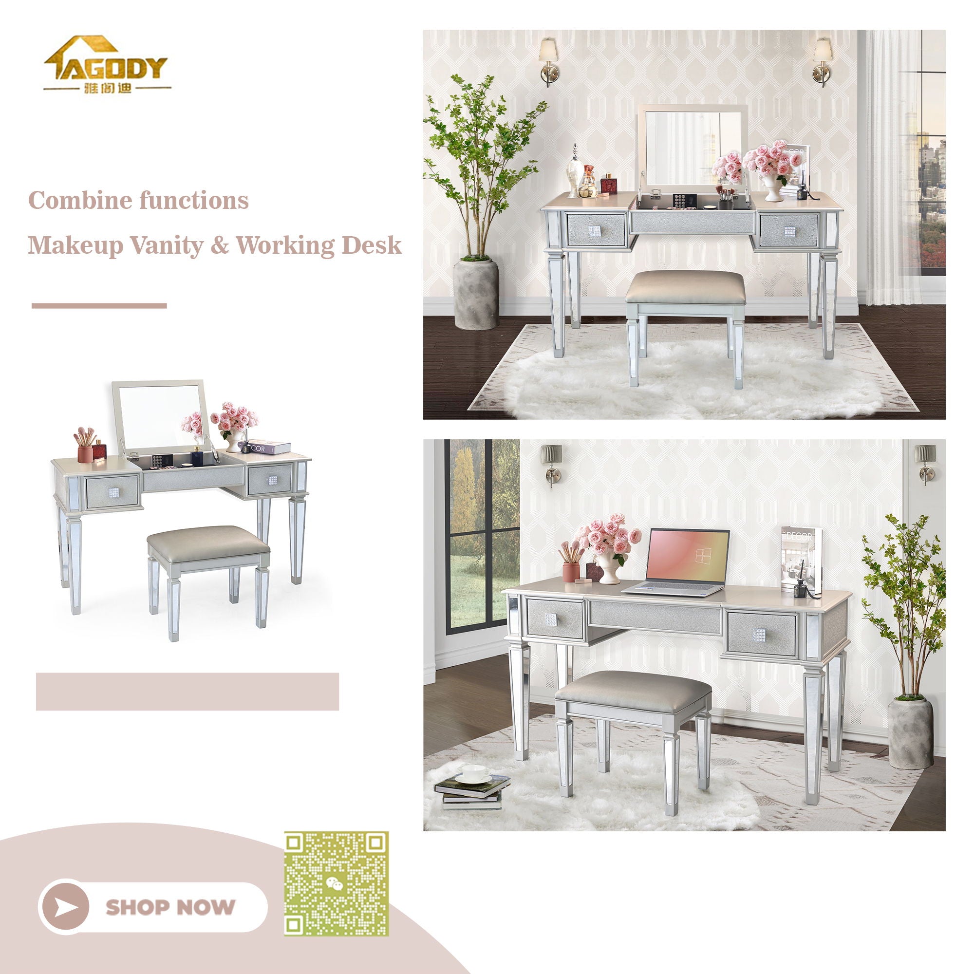 Mirrored Vanity Desk With Drawers And Stool, Flip Up Dressing Table Set For Makeup Room