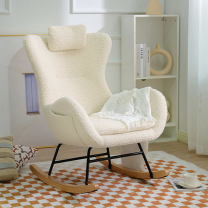 Rocking Chair Nursery, Teddy Upholstered Rocker Glider Chair With High Backrest, Adjustable Headrest &amp; Pocket, Comfy Glider Chair For Nursery, Bedroom, Living Room, Offices, Rubber Wood