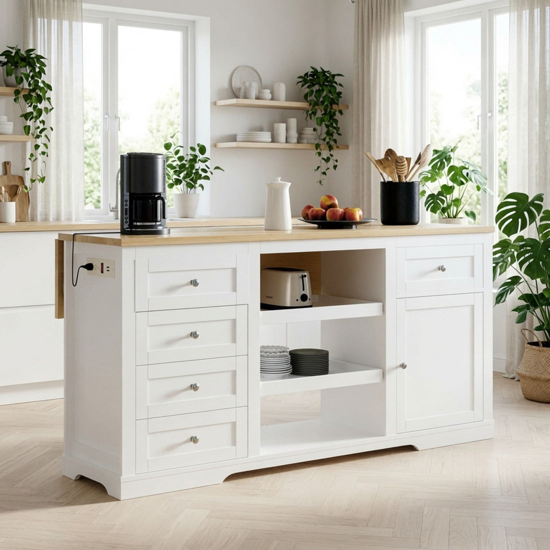 Drop Leaf Kitchen Island With Storage, Power Outlet &amp; Pet Bowl Drawer - White / Light Oak