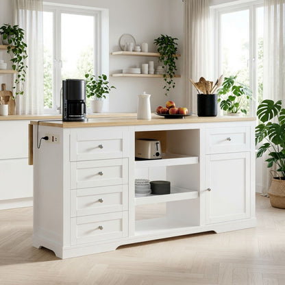 Drop Leaf Kitchen Island With Storage, Power Outlet &amp; Pet Bowl Drawer - White / Light Oak
