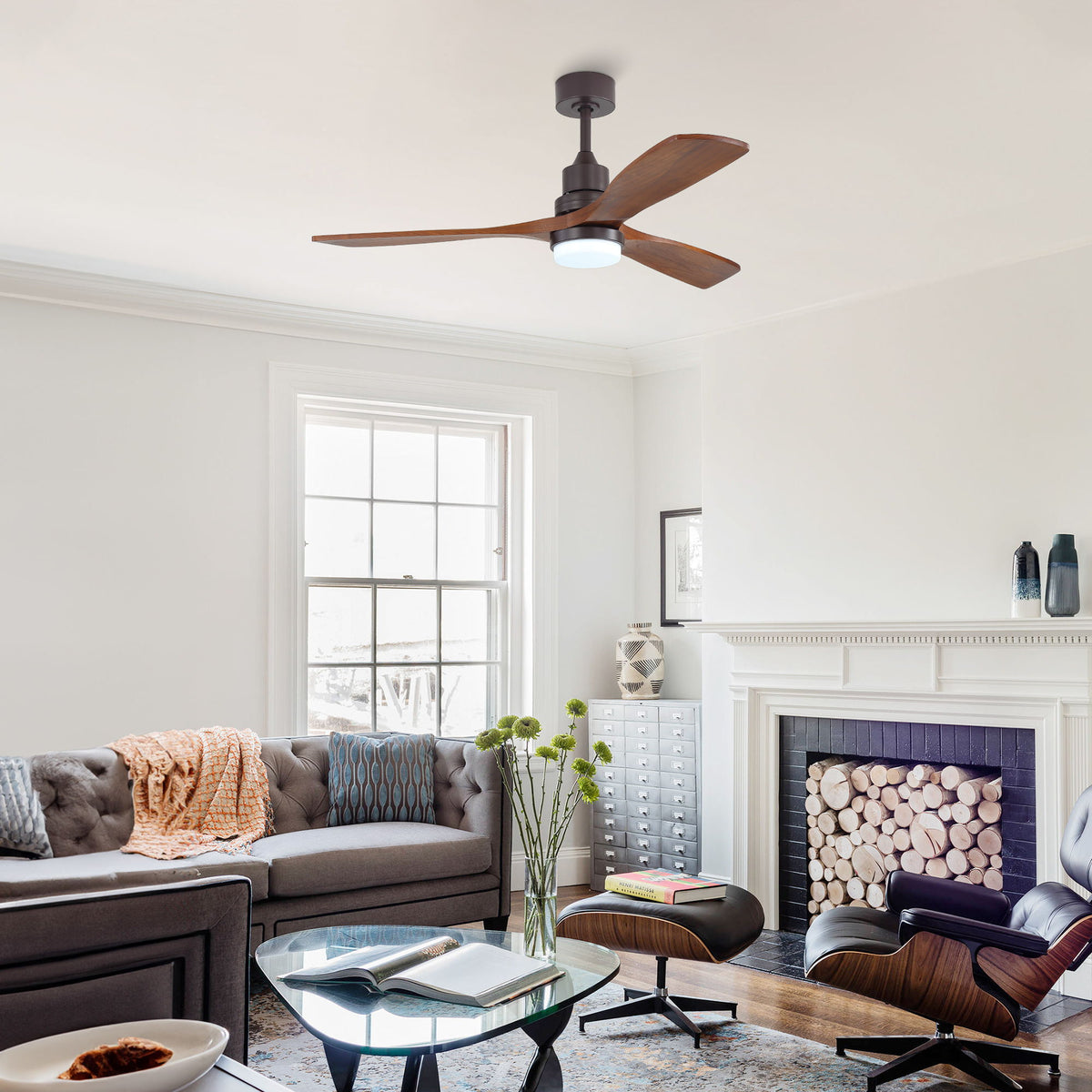 52" Ceiling Fan With LED Light, 3 Adjustable Color Temperatures, Reversible DC Motor For Living Room &amp; Bedroom - Coffee