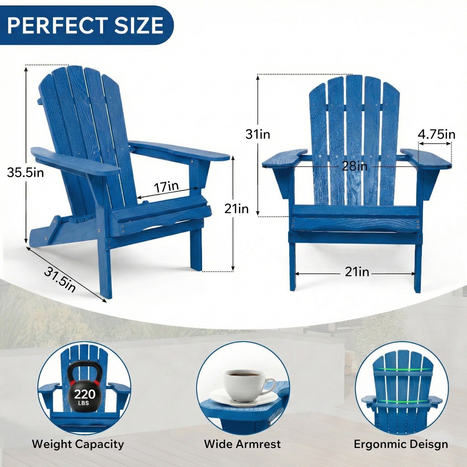 Outdoor Folding Adirondack Chair With Pre-Assembled BackRest &amp; SeatBoard Patio - Navy Blue