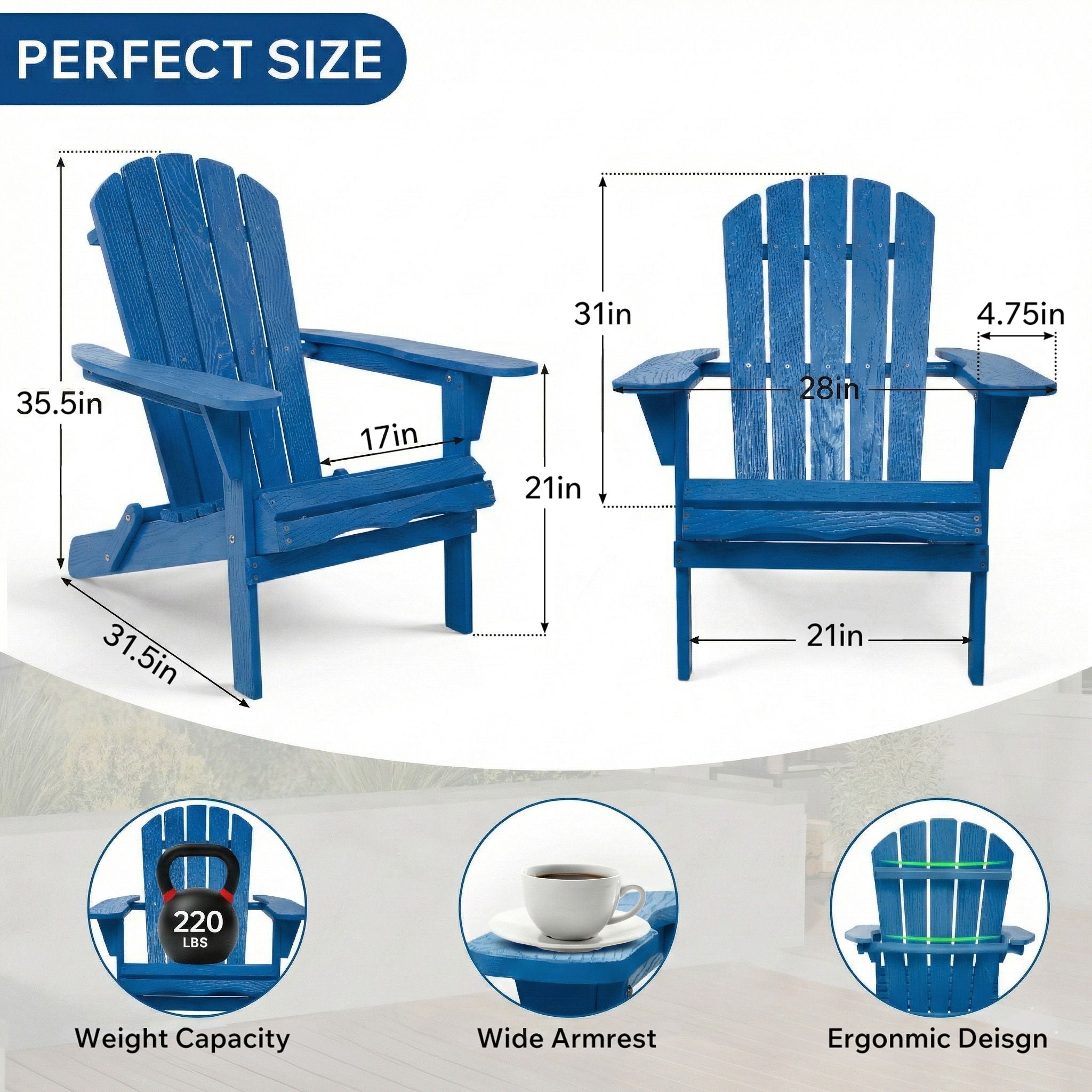 Outdoor Folding Adirondack Chair With Pre-Assembled BackRest &amp; SeatBoard Patio - Navy Blue