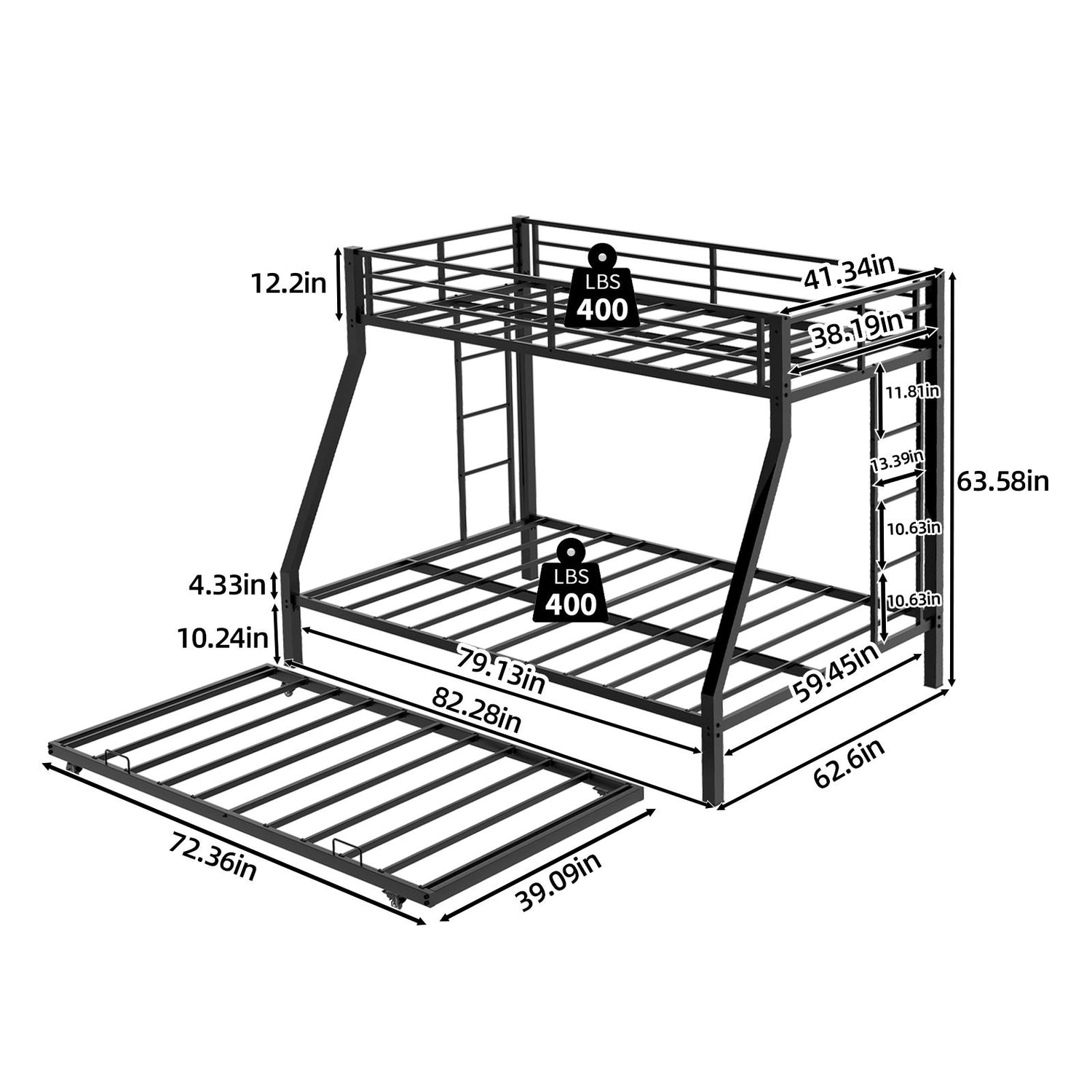 Bunk Bed For Kids, Convertible Frame With Ladders &amp; Guardrail