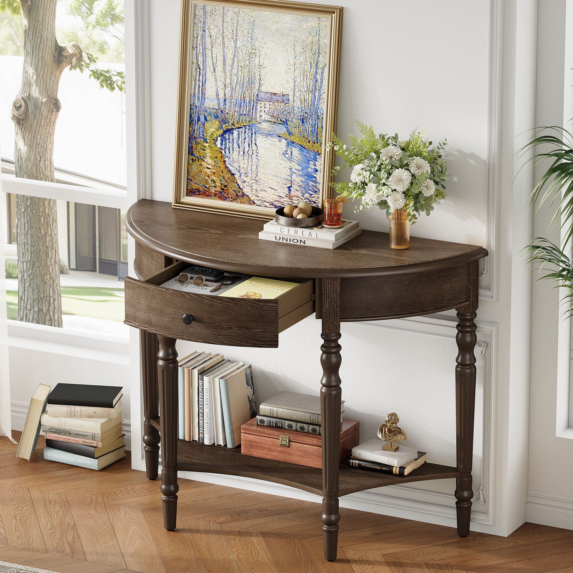 Half Moon Console Table With Drawer &amp; Shelf For Living Room - Walnut