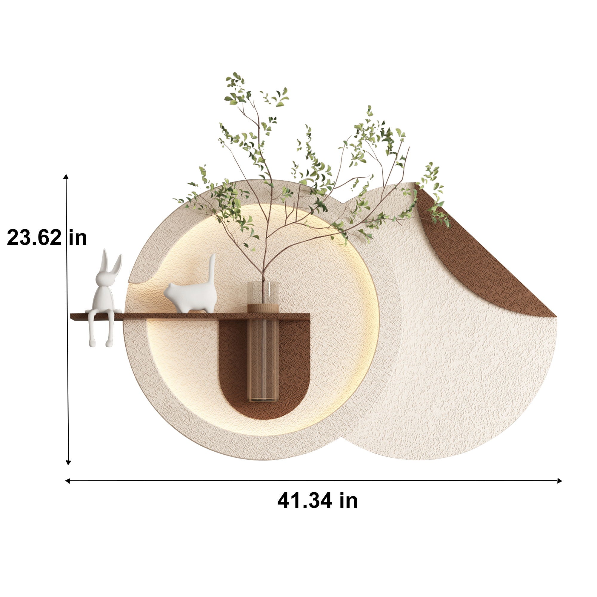 Adjustable 3 Color LED Sandstone Double Disc Wall Art With Simulated Greenery, Vase &amp; Rabbit Statue - Light Coffee
