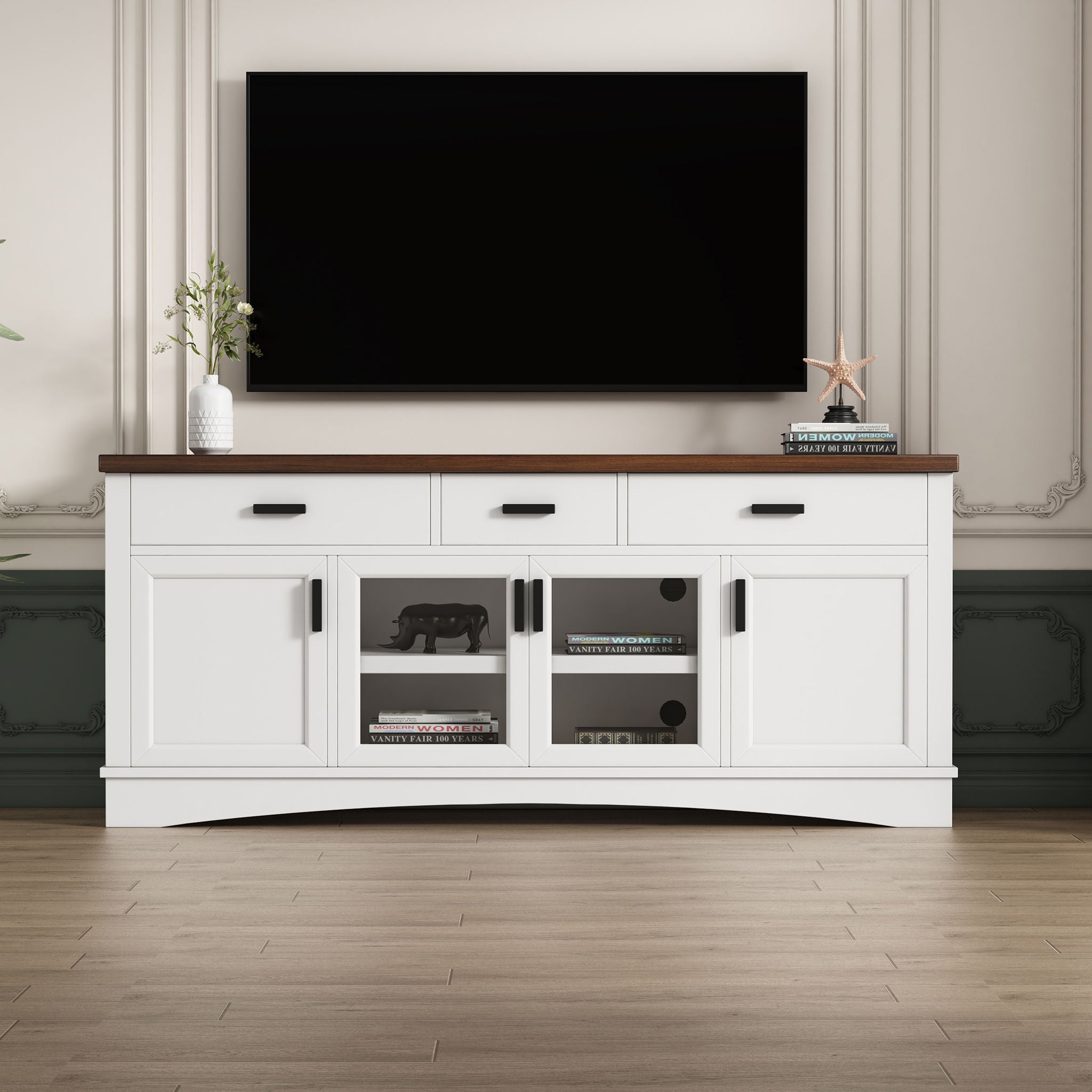 TV Console Stand, Glass Doors &amp; Storage Drawers, Adjustable Shelves