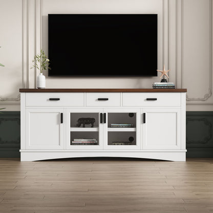 TV Console Stand, Glass Doors &amp; Storage Drawers, Adjustable Shelves