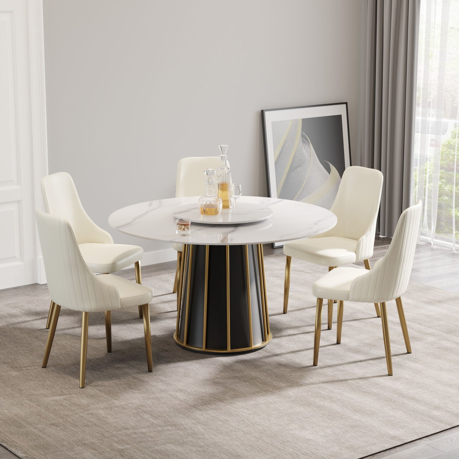 53.15&quot; Modern Artificial Stone Round Panel Metal Iron Base Dining Table, Can Accommodate 6 People-23.62&quot; Artificial Stone Turntable (Not Including Chairs) - White / Black