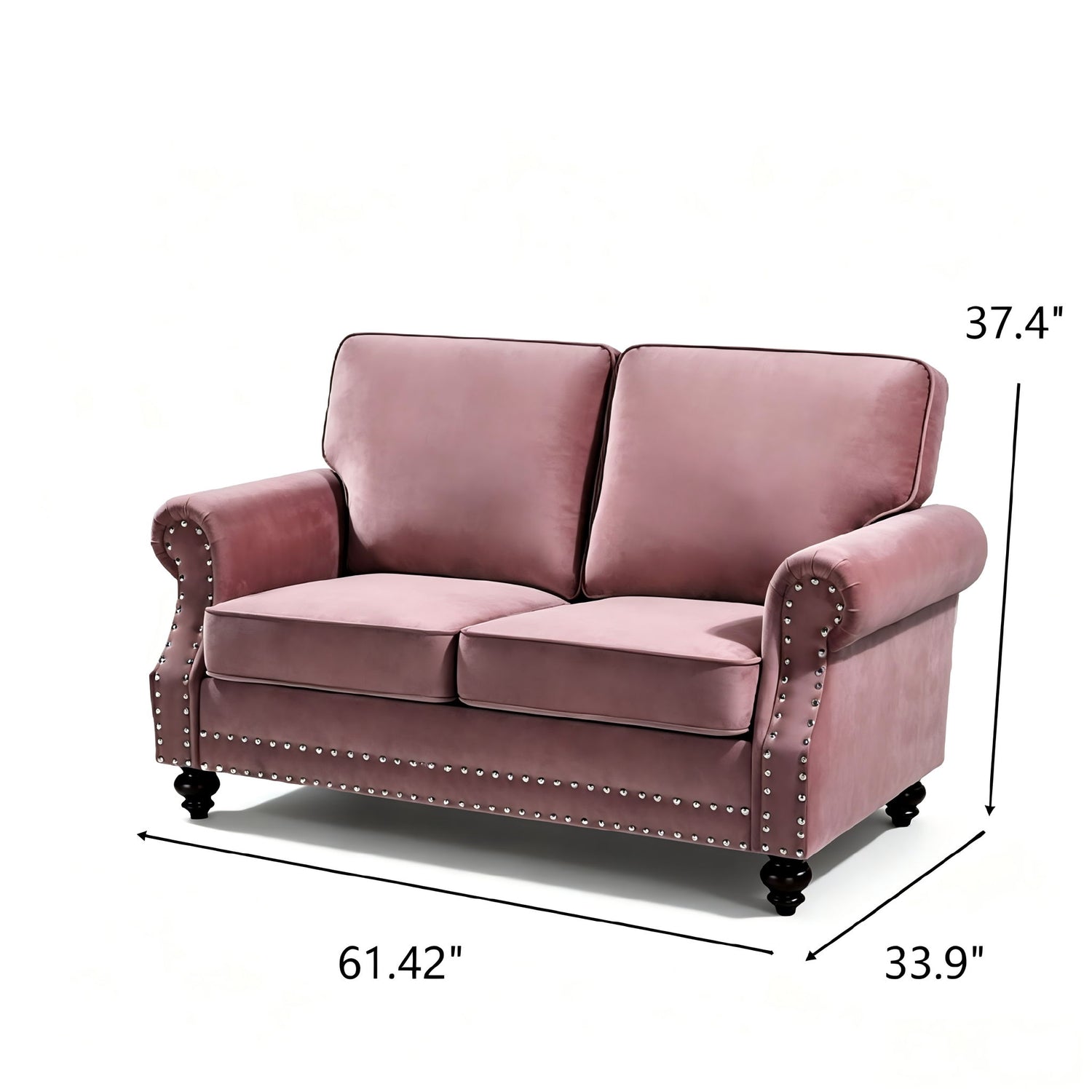 Loveseat Sofa With Nailhead Detail &amp; Turned Legs, 2 Seater Upholstered Couch