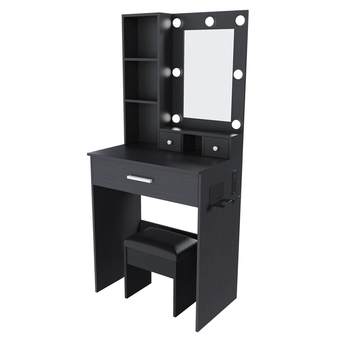 Vanity Table With Mirror, Adjustable LED Lights, Power Outlet, Hairdryer Holder &amp; Stool