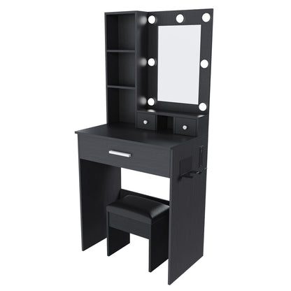 Vanity Table With Mirror, Adjustable LED Lights, Power Outlet, Hairdryer Holder &amp; Stool