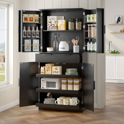 Fluted Kitchen Pantry Cabinet With 3 Keyboard Drawers &amp; 6 Adjustable Door Shelves