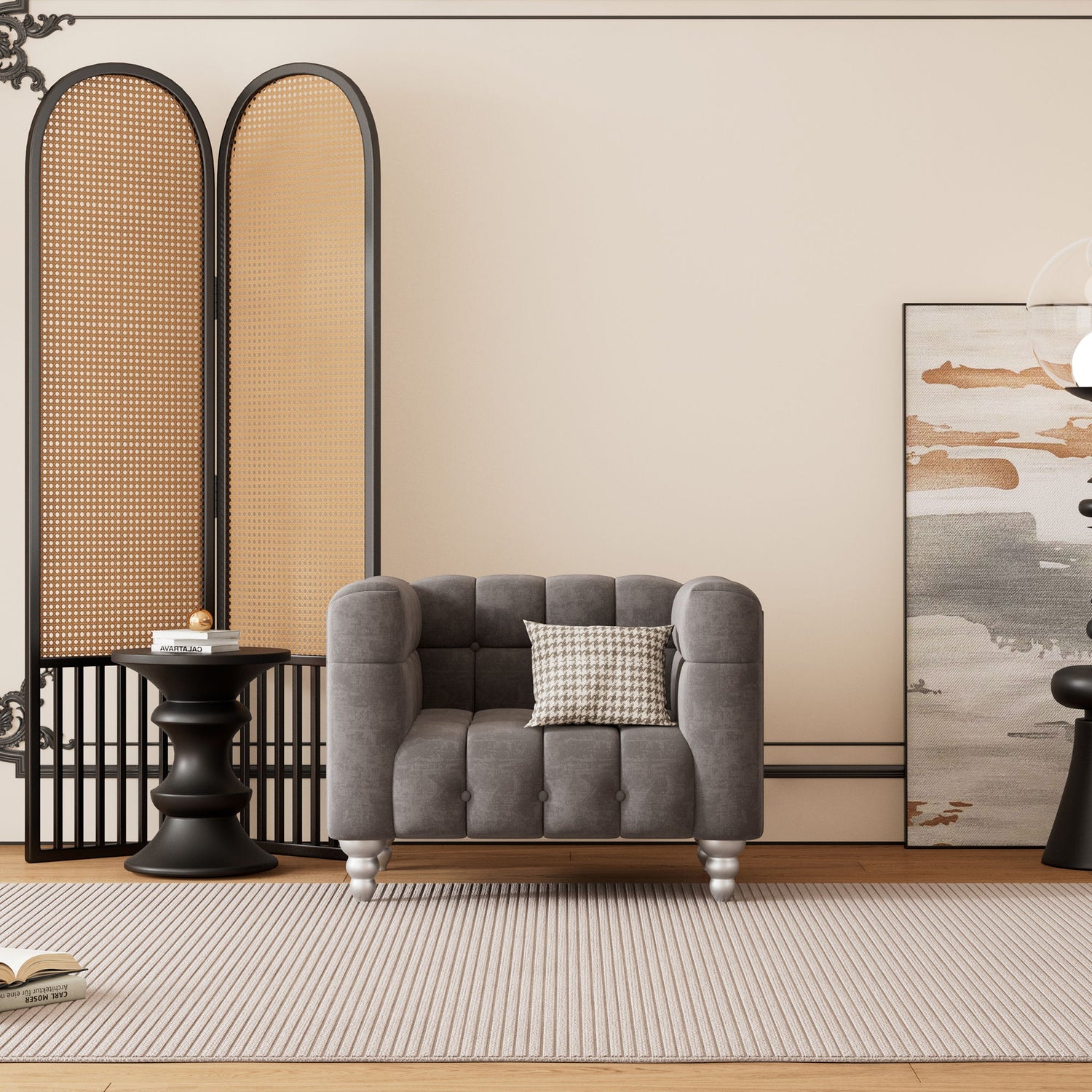 Modern Sofa Dutch Fluff Upholstered Sofa &amp; Wood Legs, Buttoned Tufted Backrest