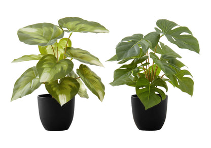 13&quot; Tall, Artificial Plant, Monstera Calthea, Indoor, Faux, Fake, Table, Greenery, Potted, Decorative (Set of 2) - Green / Black