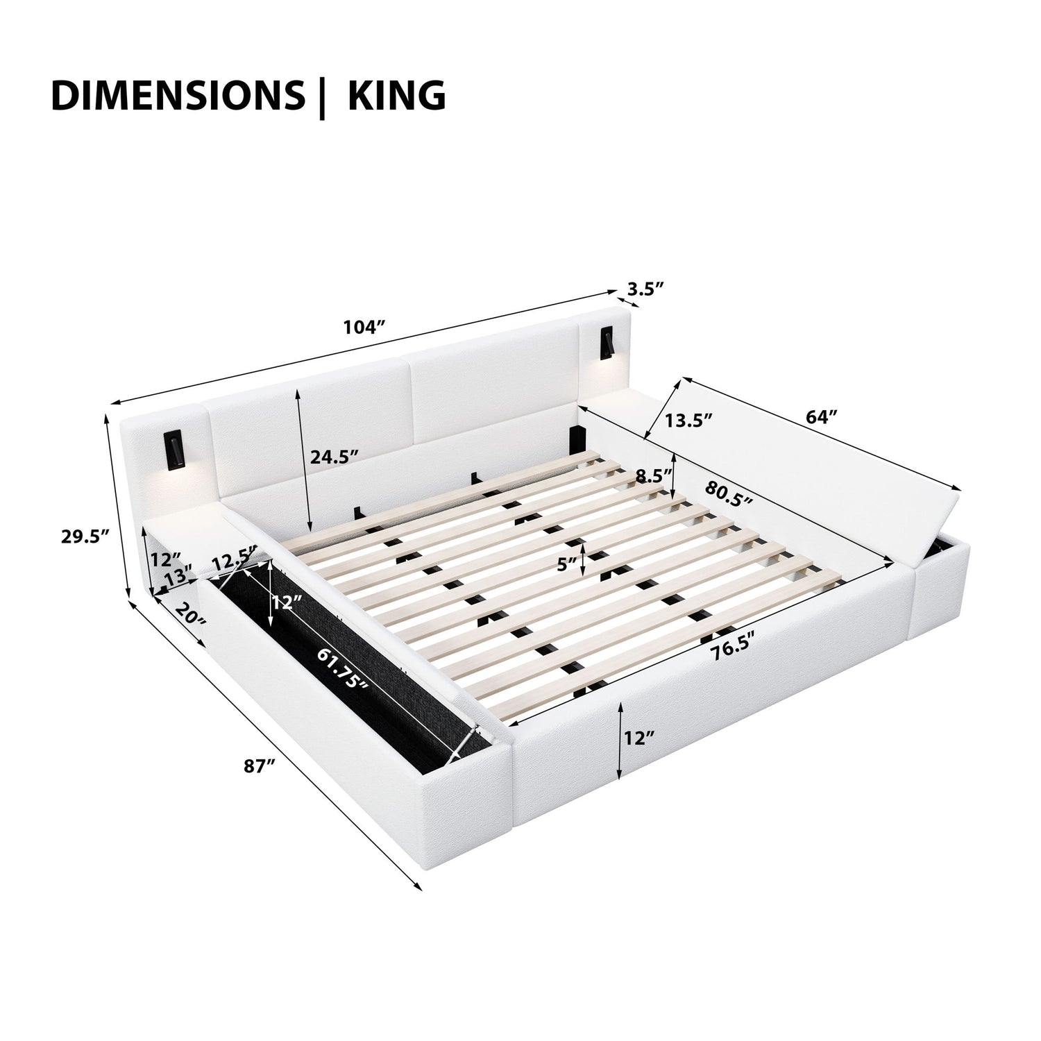 Upholstered Platform Bed Frame With Hidden Storage, Built-In Nightstands &amp; LED Reading Lights