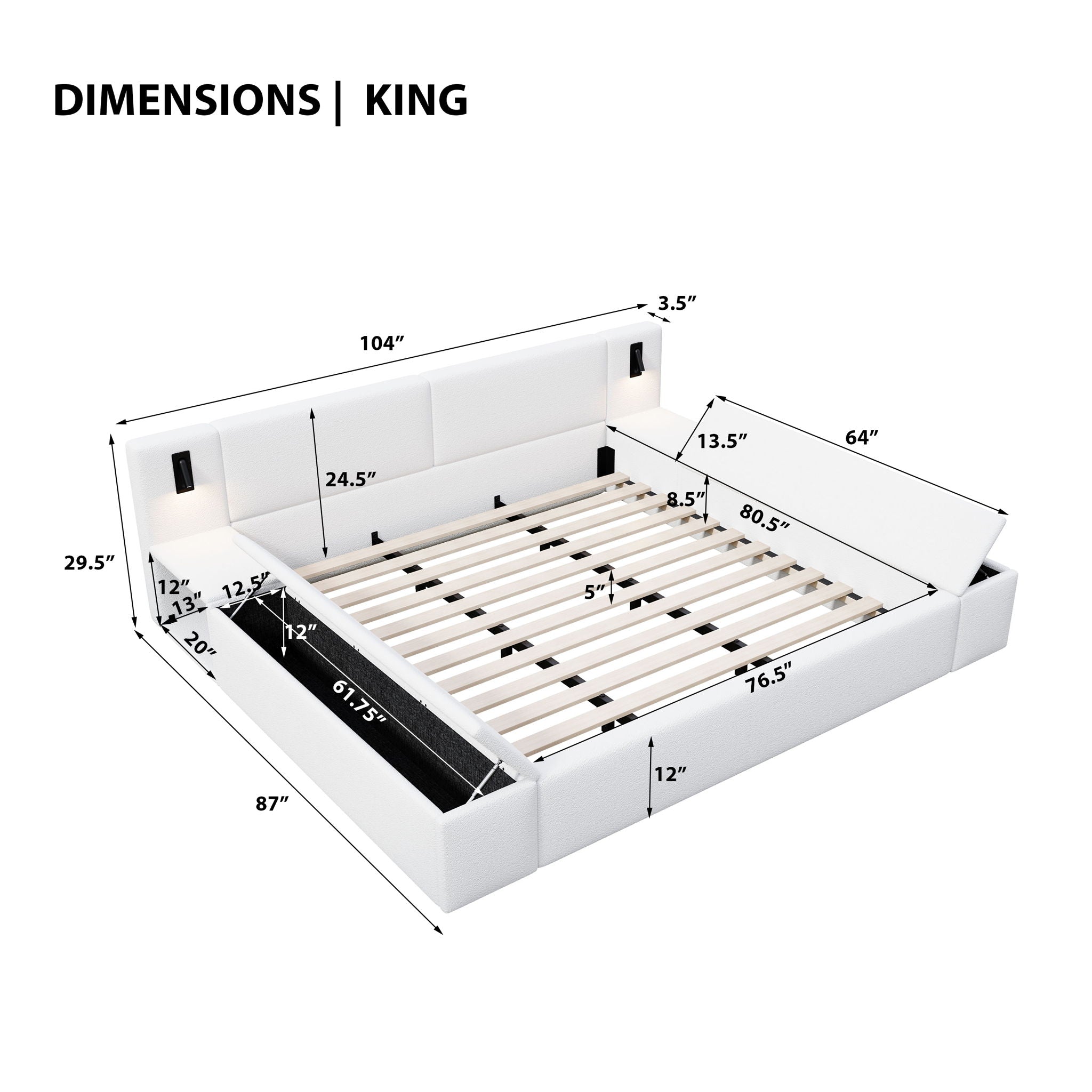 Upholstered Platform Bed Frame With Hidden Storage, Built-In Nightstands &amp; LED Reading Lights