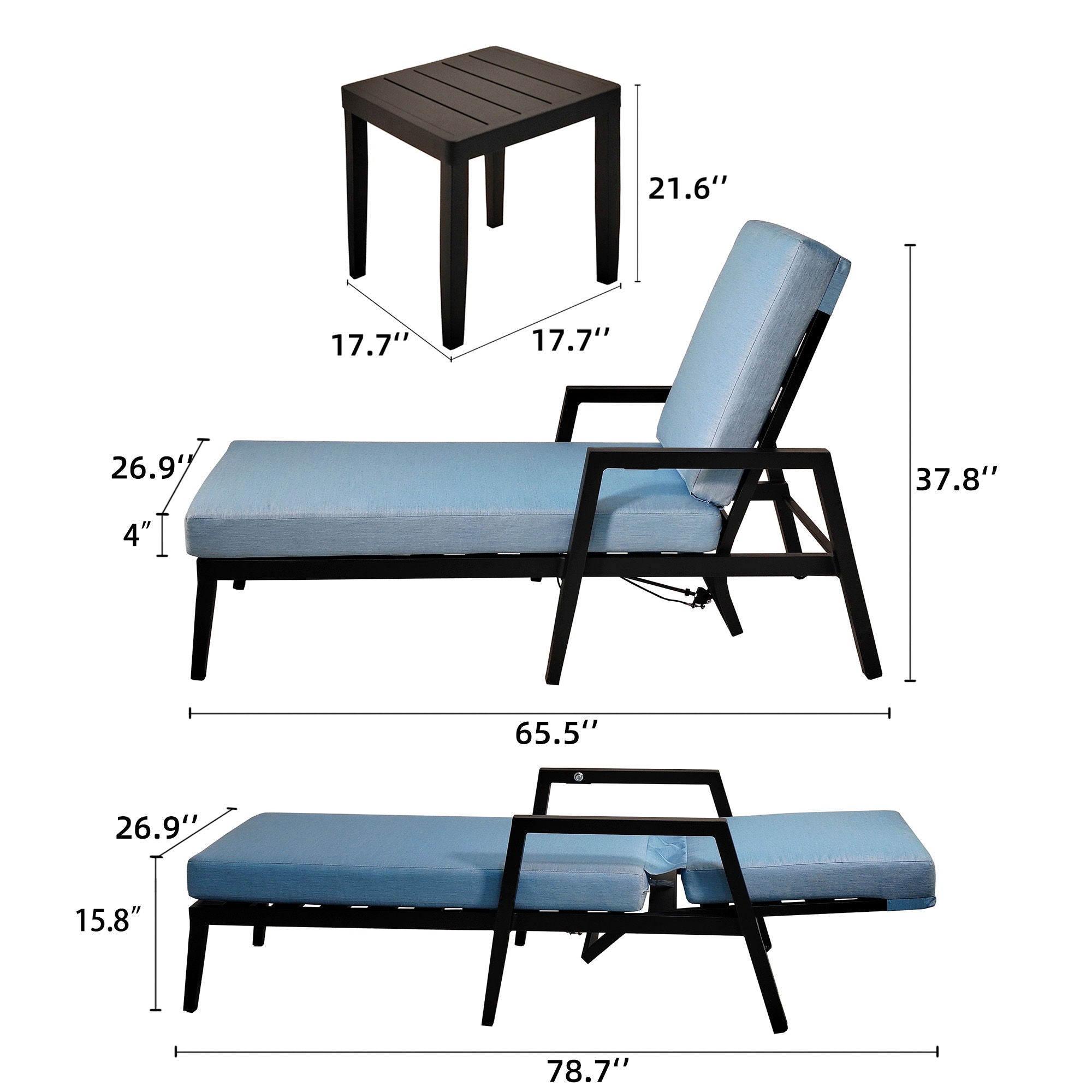 3 Piece Outdoor Patio Lounge Set, 2 Chaise &amp; 1 End Table With Modern Tapered Feet, Pneumatic Adjustable Backrest, Wheels, Sunbrella Cushion - Ember Black / Blue