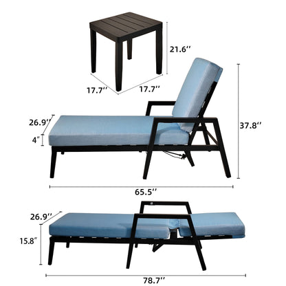 3 Piece Outdoor Patio Lounge Set, 2 Chaise &amp; 1 End Table With Modern Tapered Feet, Pneumatic Adjustable Backrest, Wheels, Sunbrella Cushion - Ember Black / Blue