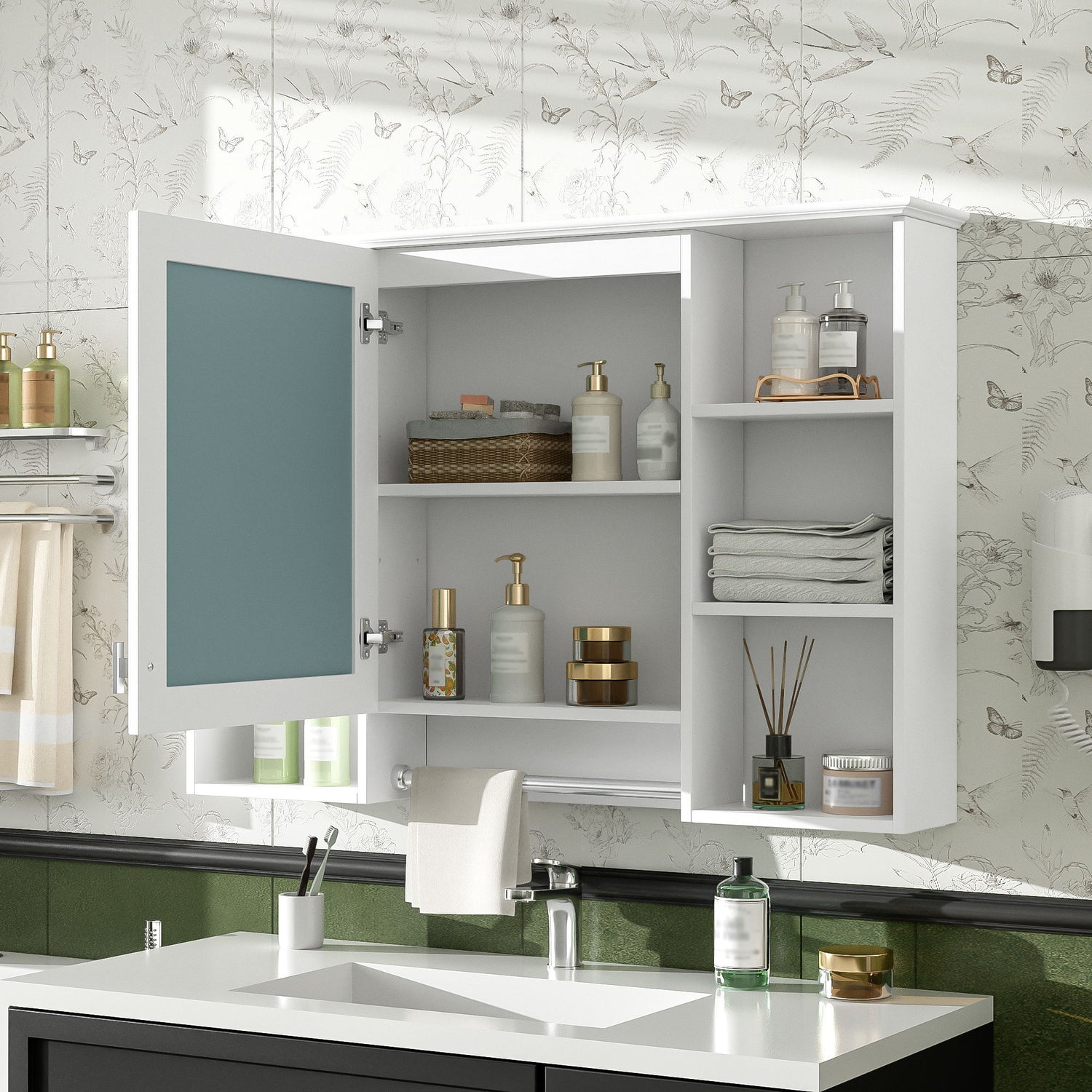 3 In 1 Modern Bathroom Mirror Cabinet With Adjustable Shelf, Soft Close Door, High Definition Mirror &amp; Towel Bar