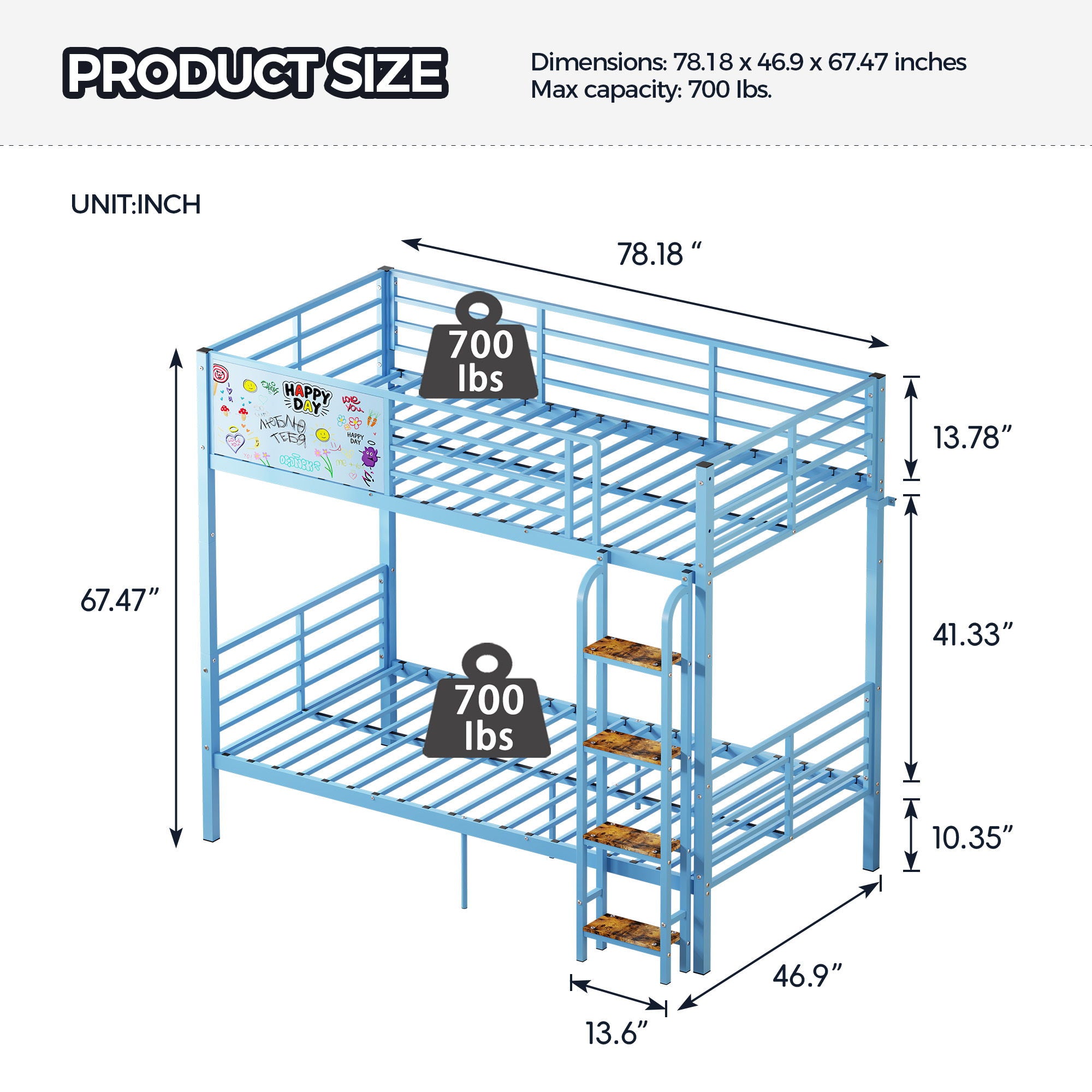 Bunk Bed, Convertible To 2 Separate Twin Size Beds &amp; Full Length Guardrail &amp; Ladder, No Box Spring Needed - Blue
