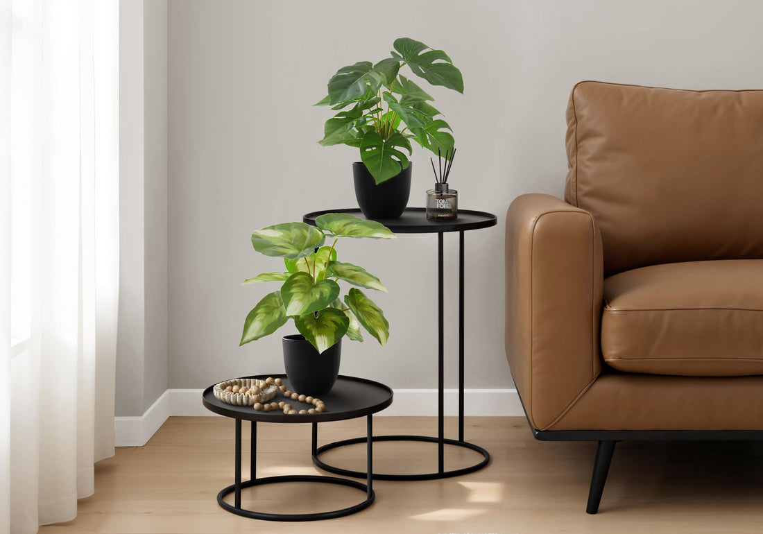 13&quot; Tall, Artificial Plant, Monstera Calthea, Indoor, Faux, Fake, Table, Greenery, Potted, Decorative (Set of 2) - Green / Black