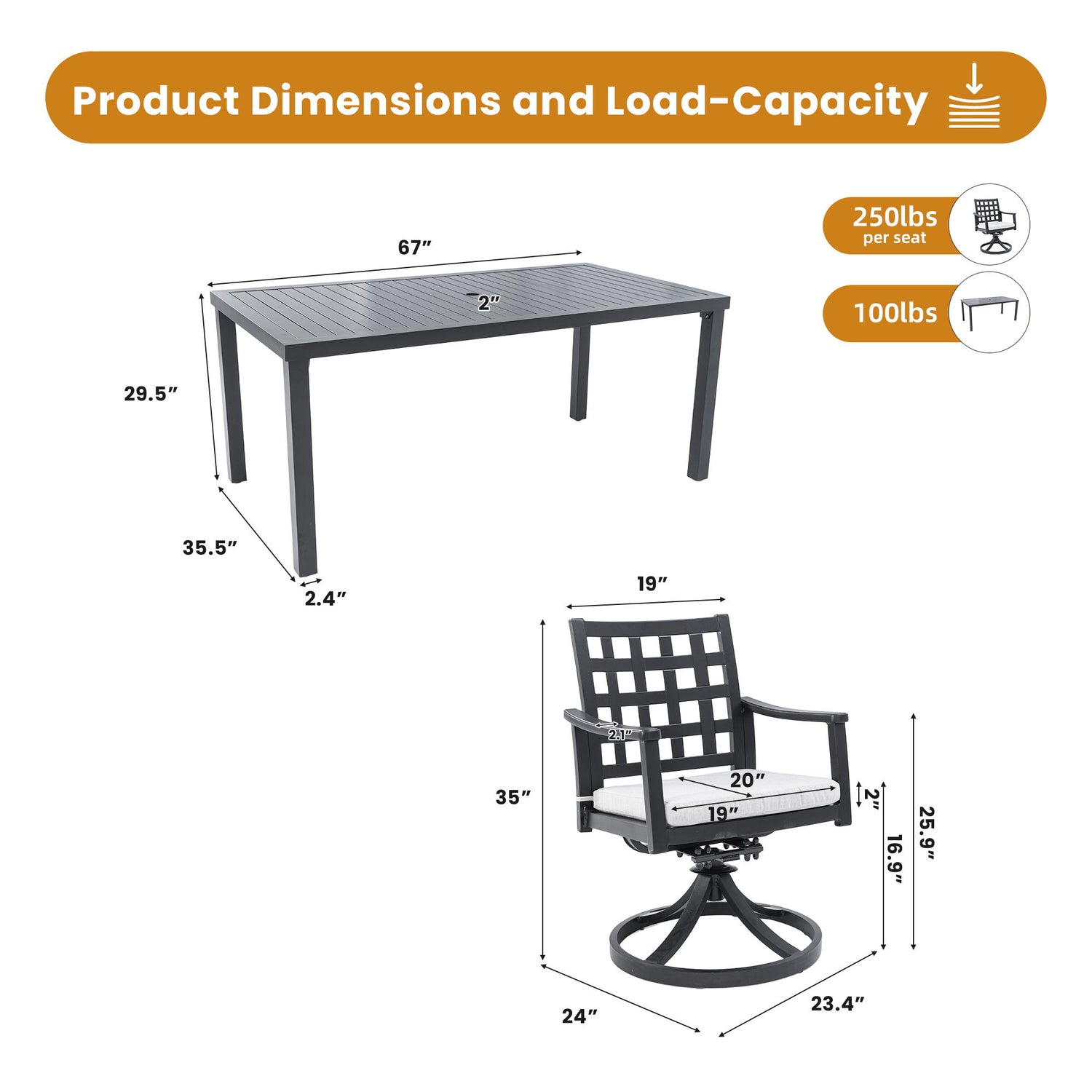 Modern Classic Outdoor Patio Dining Set, Rectangular Table &amp; Dining Chairs, Rust Free, Weather Resistant