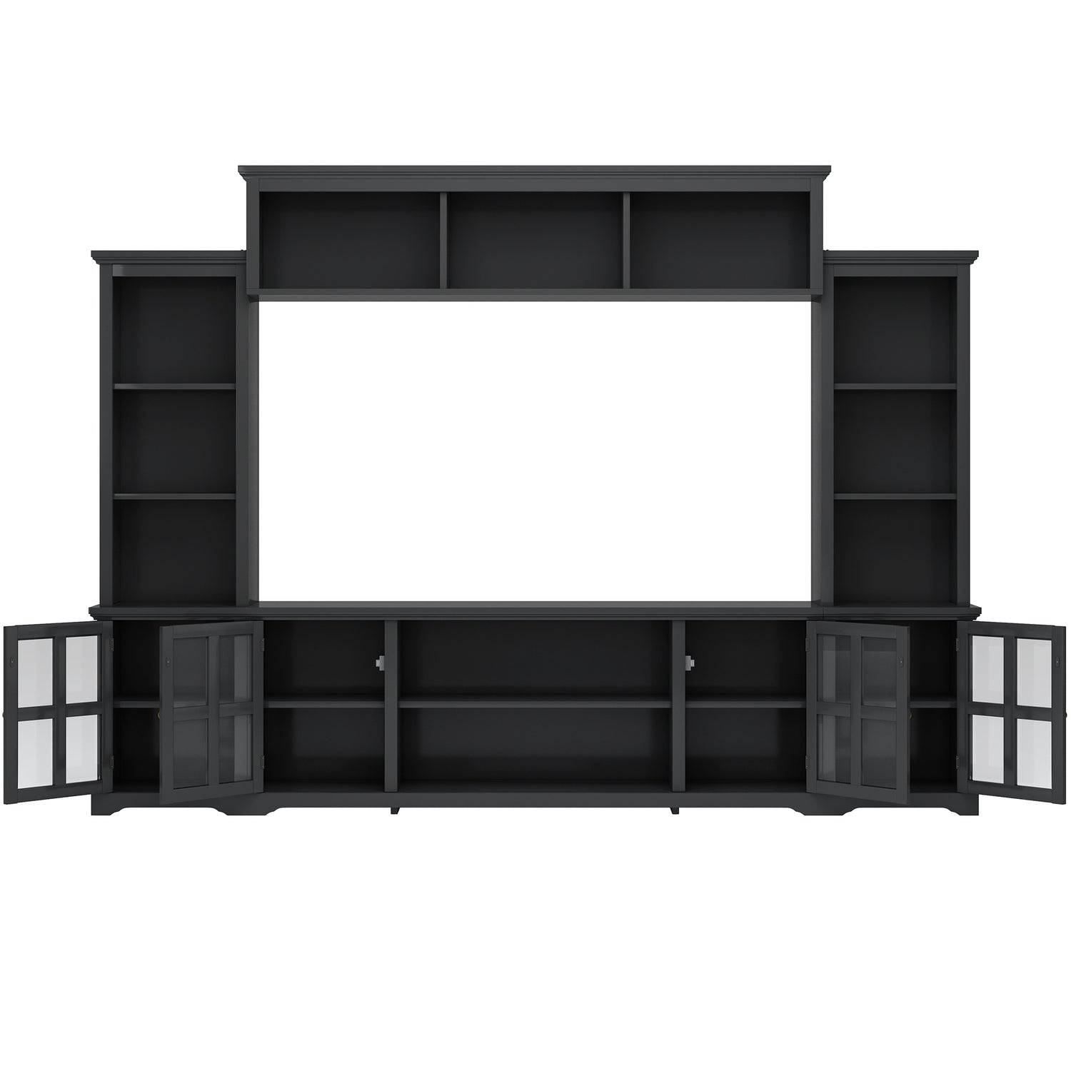Entertainment Wall Unit with Bridge, Modern TV Console Table for TVs Up to 70&quot;, Multifunctional TV Stand with Tempered Glass Door, Black