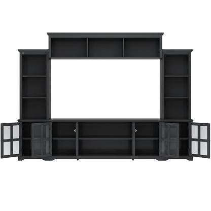 Entertainment Wall Unit with Bridge, Modern TV Console Table for TVs Up to 70&quot;, Multifunctional TV Stand with Tempered Glass Door, Black