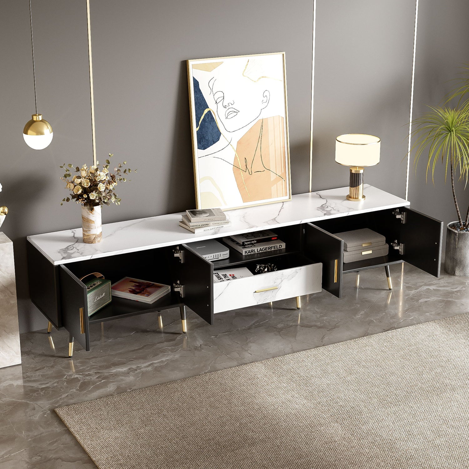 Modern TV Stand With 2 Cabinets &amp; Open Compartments, Entertainment Center For Tvs Up To 80&