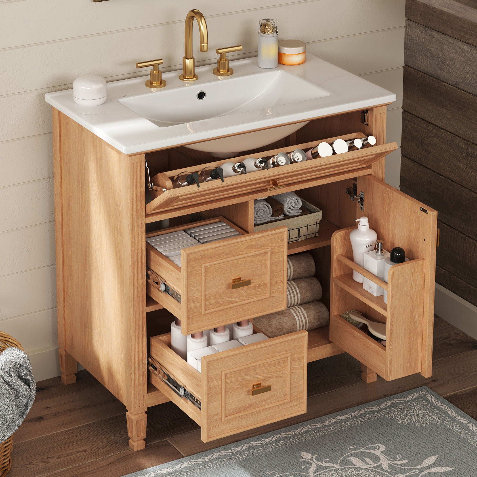 Bathroom Vanity With Sink, Flip Drawer &amp; Adjustable Shelf - Natural