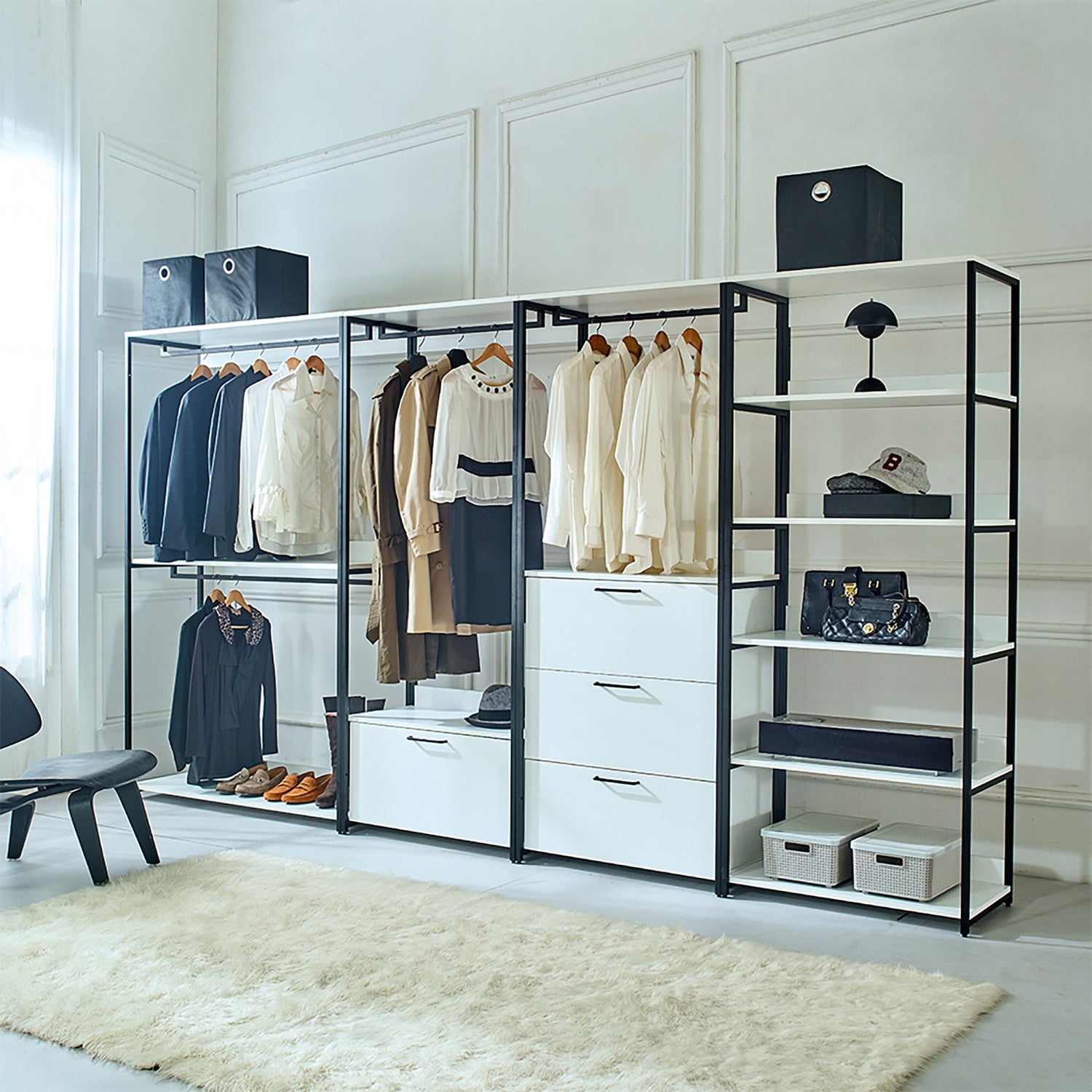Fiona - Freestanding Walk In Wood Closet System &amp; Metal Frame Durable Storage Solution Melamine - White