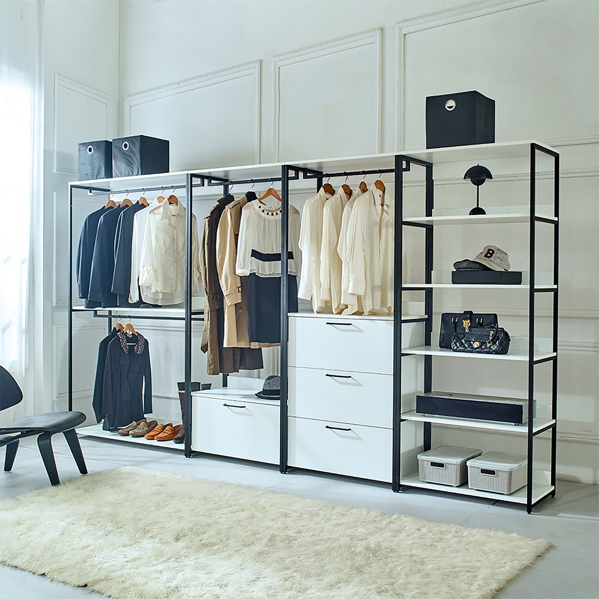 Fiona - Freestanding Walk In Wood Closet System &amp; Metal Frame Durable Storage Solution Melamine - White