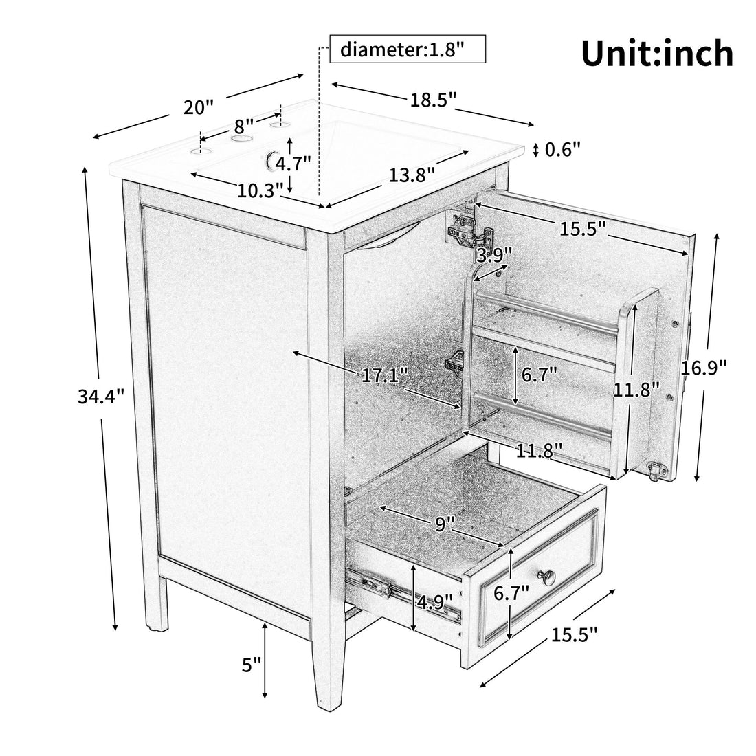 20&quot; Bathroom Vanity With Sink, Bathroom Cabinet With A Door, Door Shelf Storage And Adiustable Foot Pads, A Drawer - Gray