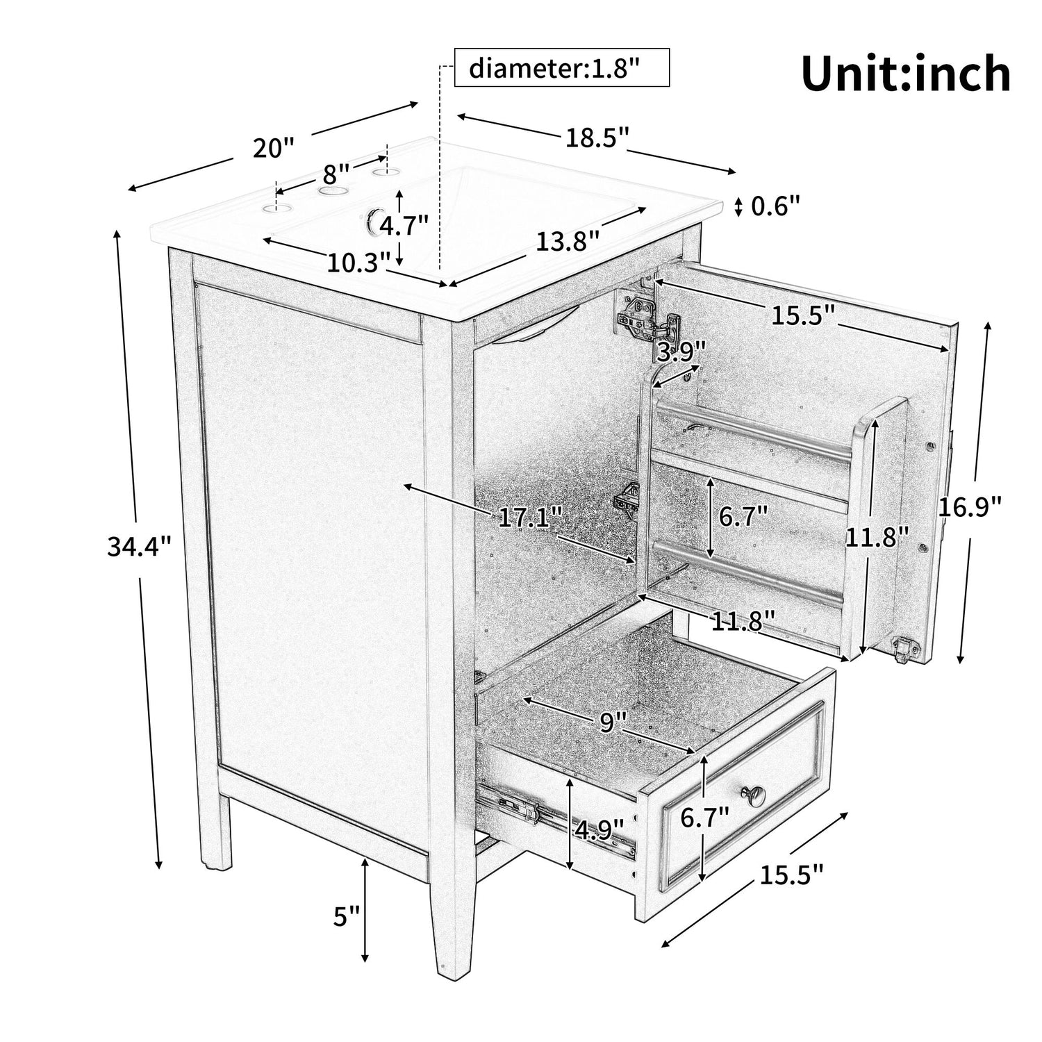20&quot; Bathroom Vanity With Sink, Bathroom Cabinet With A Door, Door Shelf Storage And Adiustable Foot Pads, A Drawer - Gray