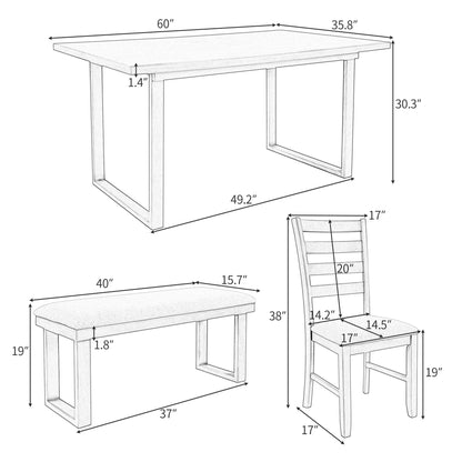 6 Pieces Family Furniture, Solid Wood Dining Room Set With Rectangular Table &amp; 4 Chairs With Bench - Gray