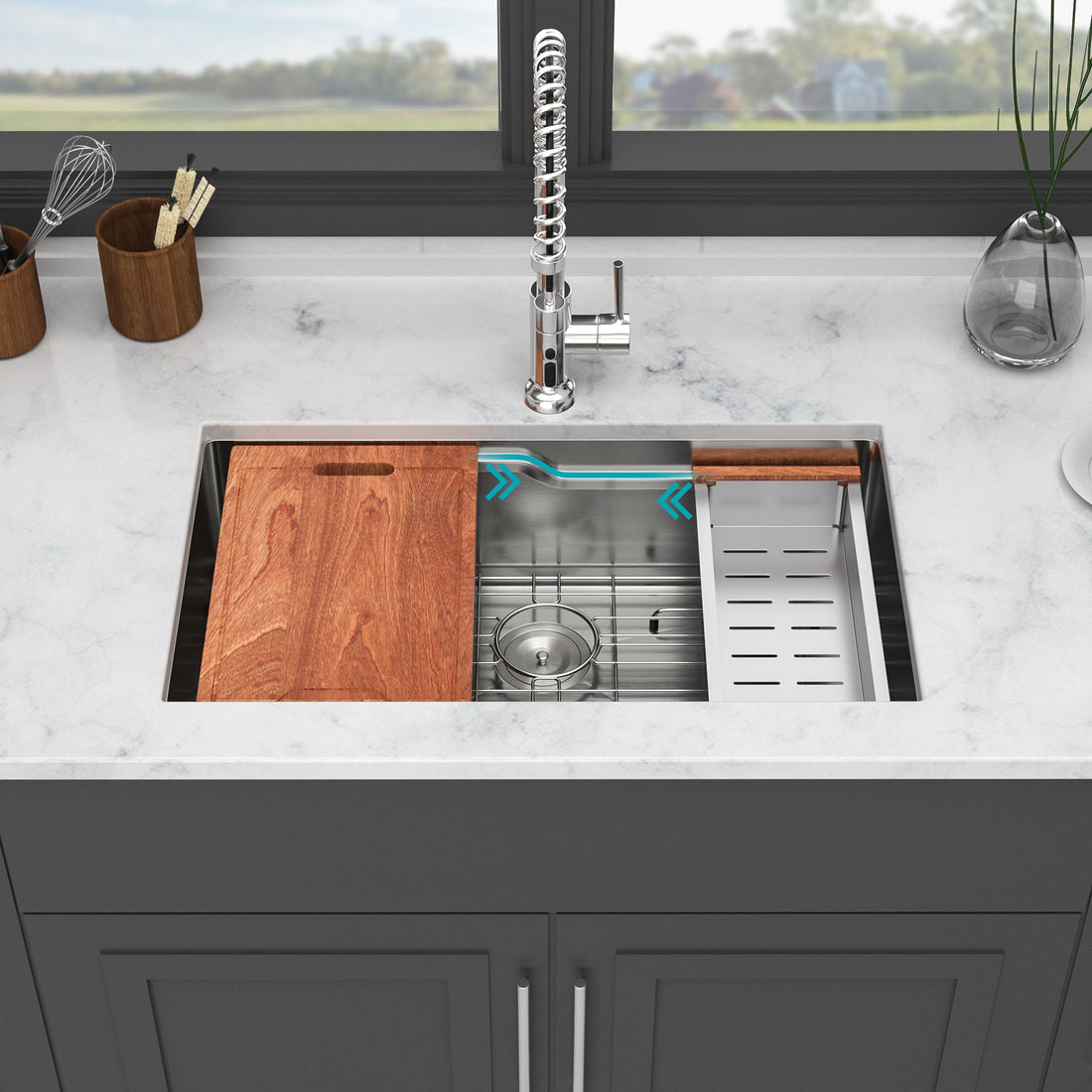 33&quot; Undermount Kitchen Sink Single Bowl Ledge Workstation In 16 Gauge Stainless Steel - White
