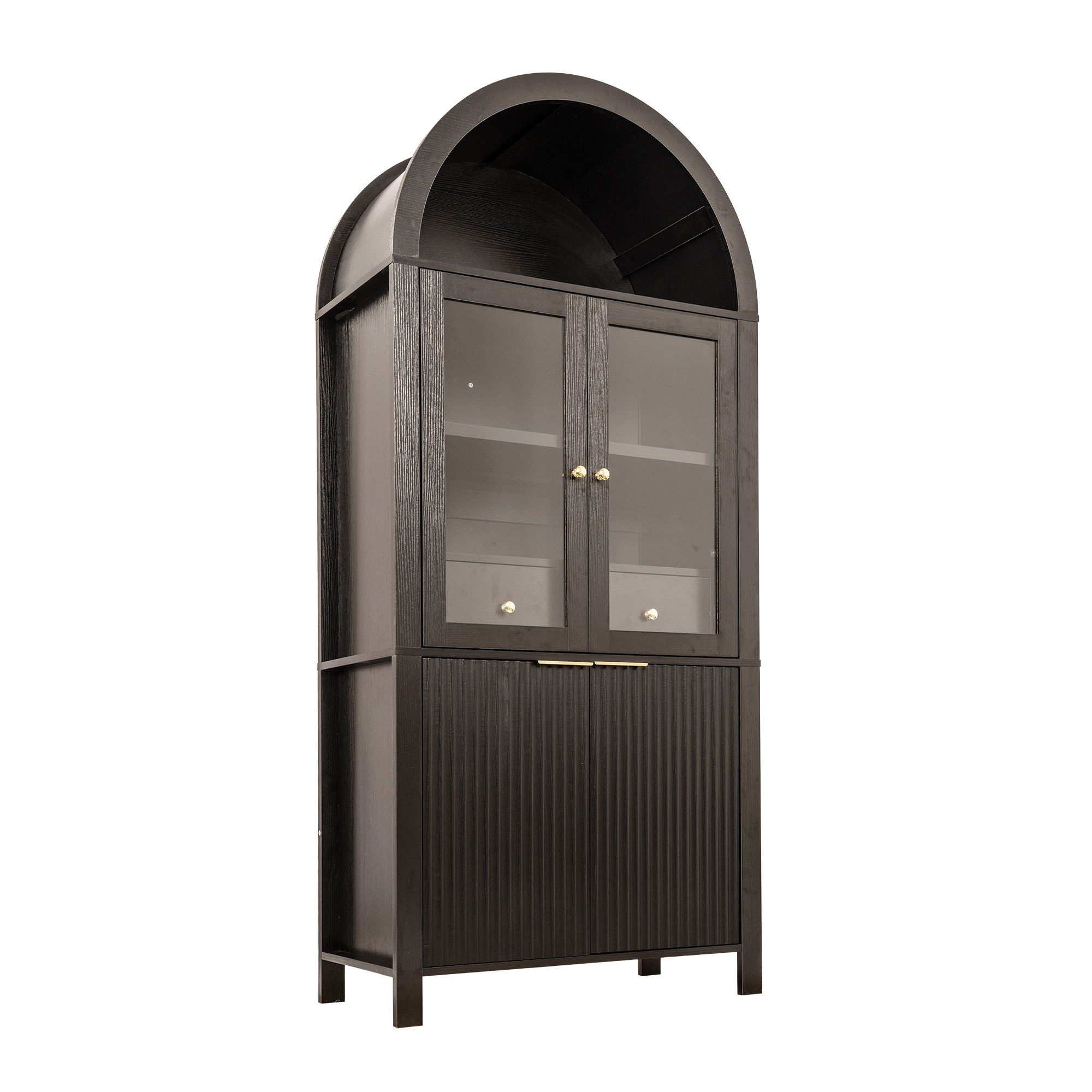 Fluted Tall Arched Pantry Cabinet With Adjustable Shelves, Glass Door &amp; Hidden Drawer For Kitchen