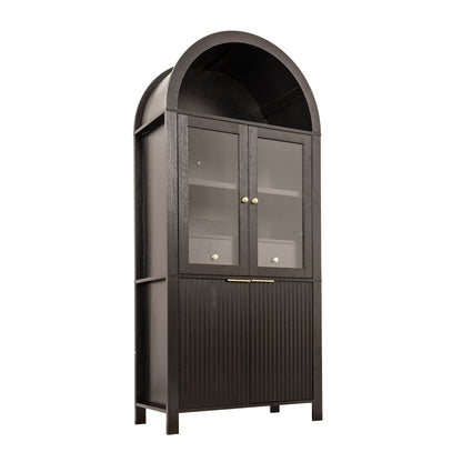 Fluted Tall Arched Pantry Cabinet With Adjustable Shelves, Glass Door &amp; Hidden Drawer For Kitchen
