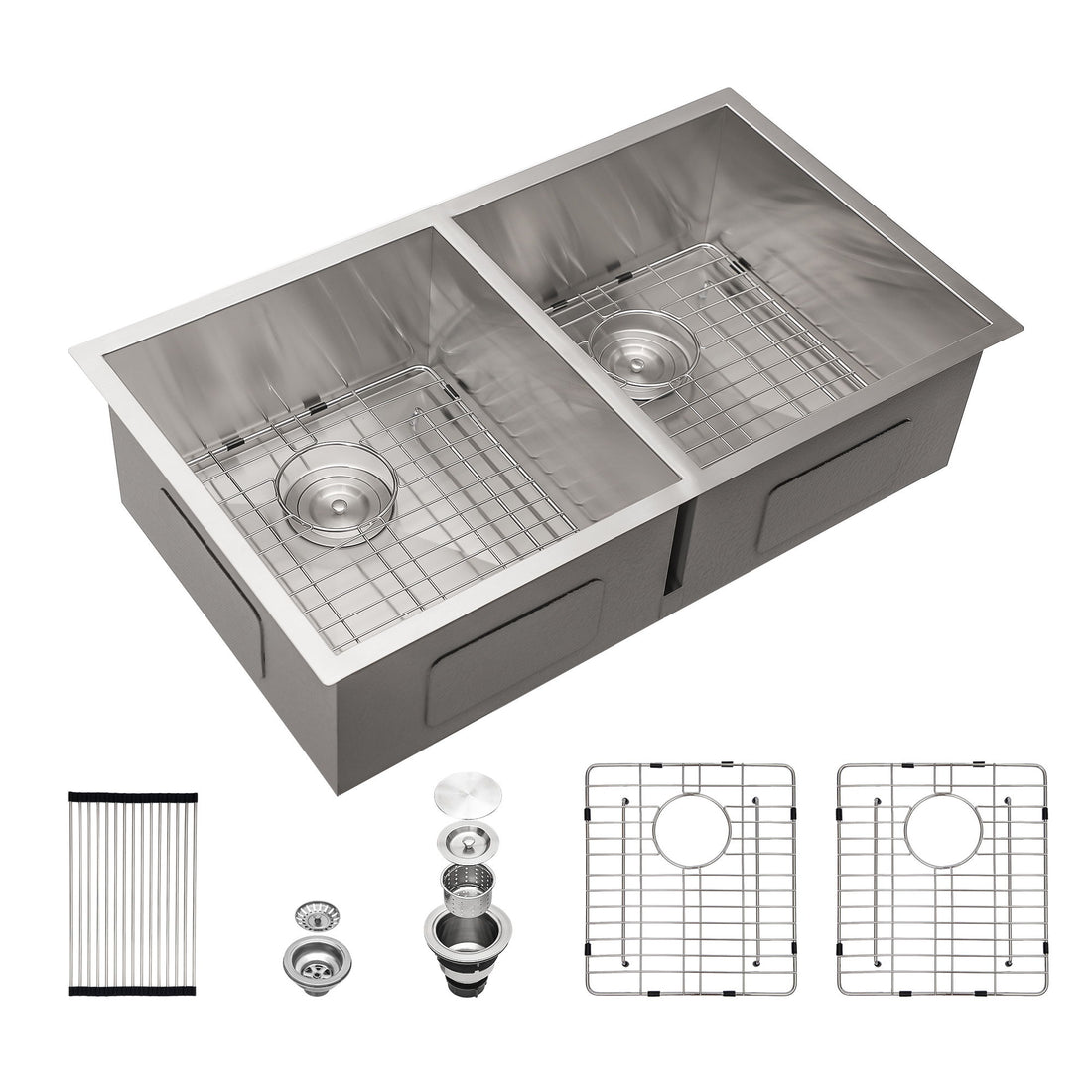 Undermount Double Bowl Kitchen Sink 16 Gauge With 9&quot; Deep Basin - Brushed Nickel