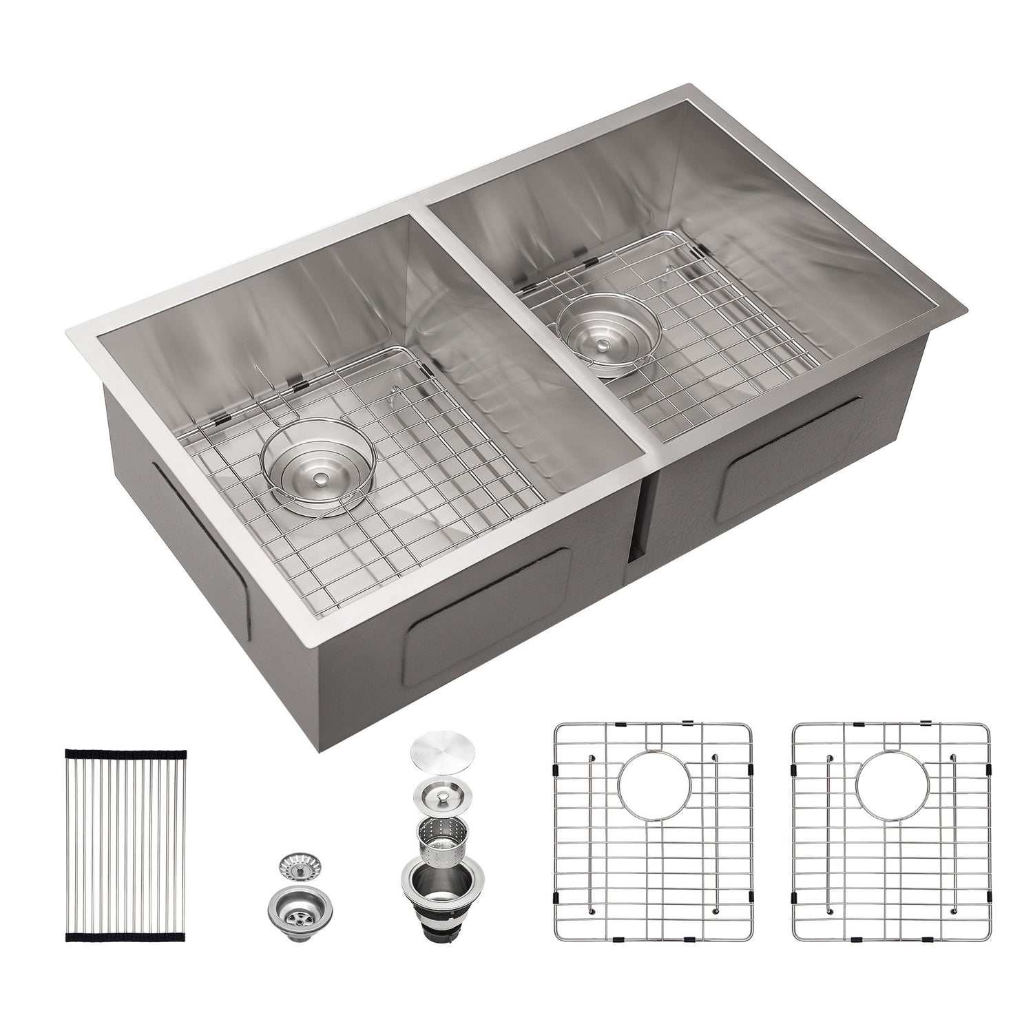 Undermount Double Bowl Kitchen Sink 16 Gauge With 9&quot; Deep Basin - Brushed Nickel