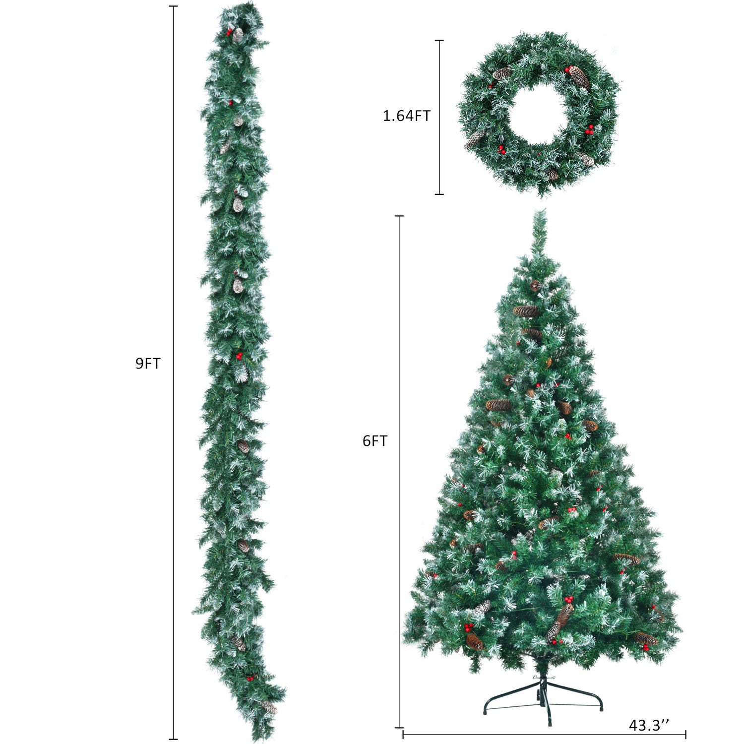6FT Dark Green Pine Christmas Tree, Pre-Lit Set with Tree &amp; Garland &amp; Wreath, Hinged Artificial Xmas Tree with White Tips, Red Berries and Pine Cones, 11 Colorful Modes, Indoor Holiday Decoration