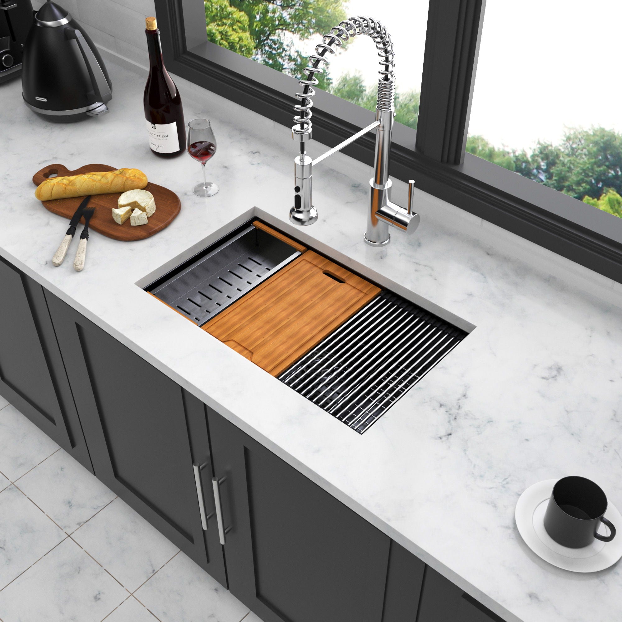 Gunmetal Black Workstation Kitchen Sink 23X18X10&quot; Single Bowl Undermount Stainless Steel 16 Gauge With Cutting Board And Accessories