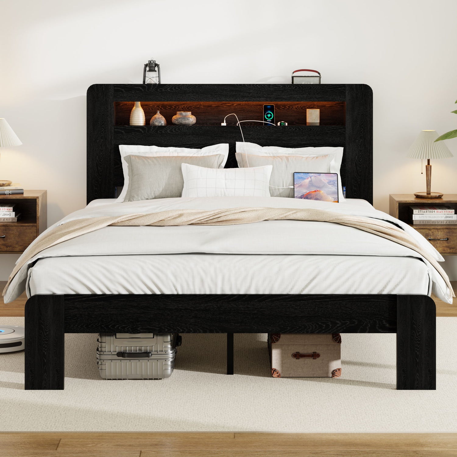 Wood Platform Bed Frame With Storage LED Light Headboard &amp; USB